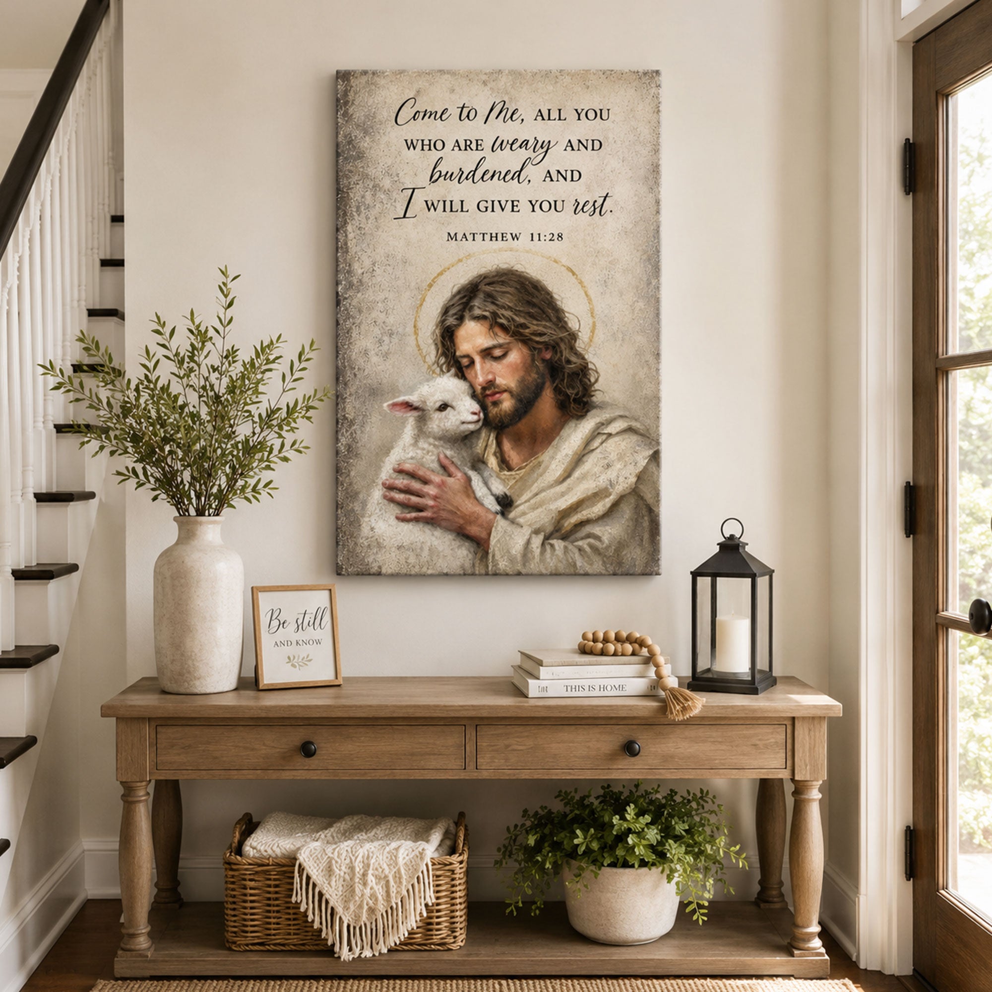 Matthew 11:28 Jesus and Lamb Canvas Print, Christian Home Decor