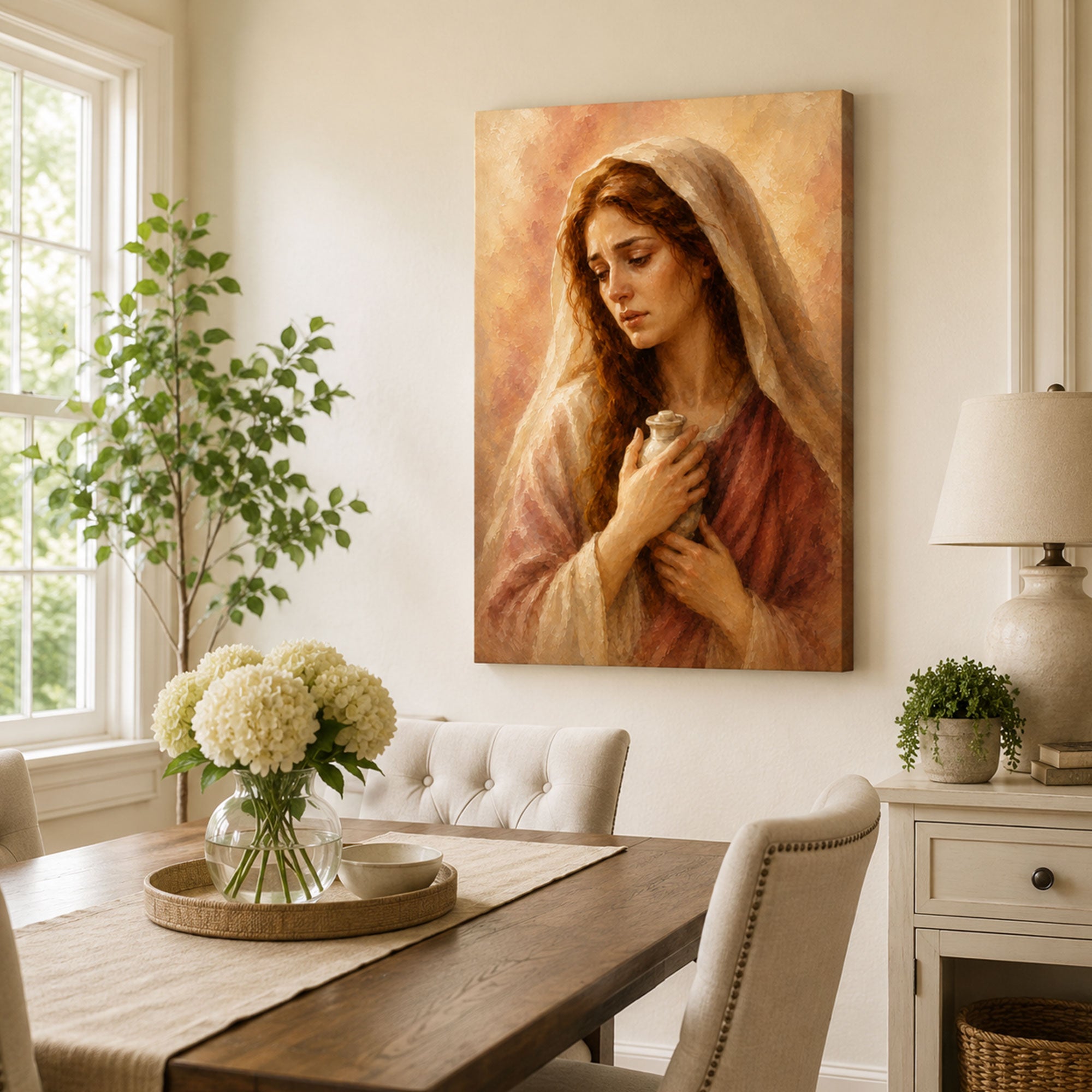 Contemplative Mary Magdalene Canvas Print, Warm Neutral Catholic Decor