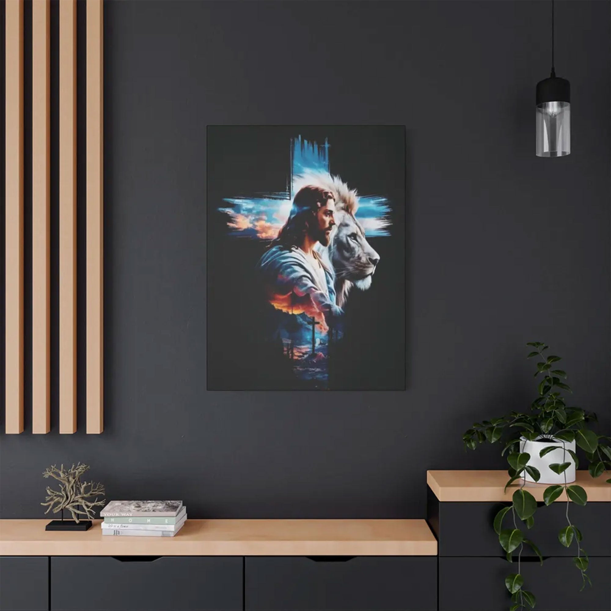 Jesus with Lion Canvas Wall Art ,Peaceful Christian Design, Religious Home Decor Gift