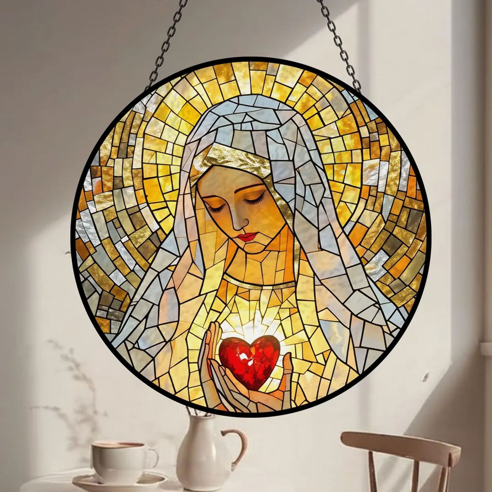 Virgin Mary Stained Glass Suncatcher, Catholic Window Hanging, Divine Mother Gift for Mom