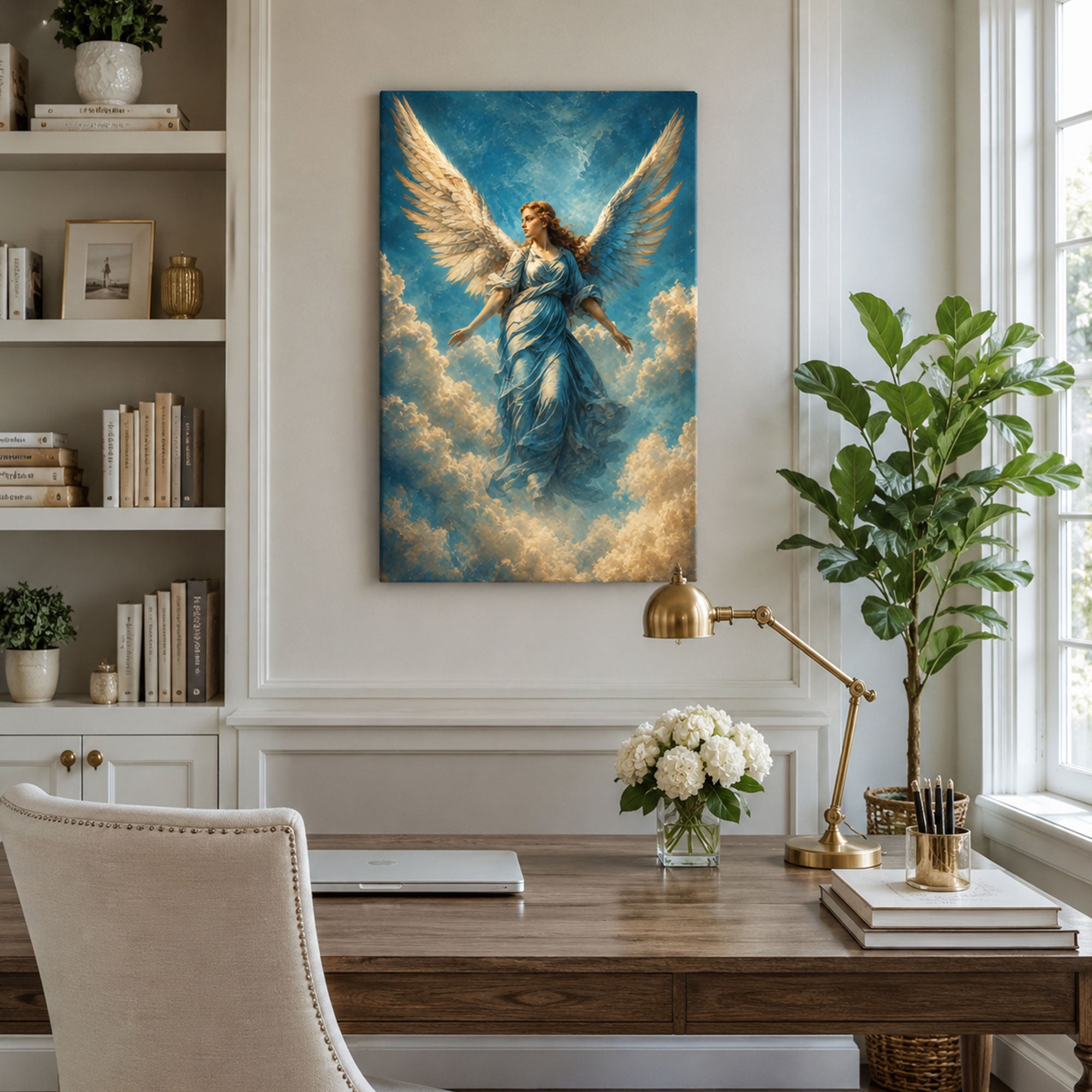 Heavenly Angel Canvas Print, Blue Robe Christian Wall Art, Celestial Faith Home Decor Gift