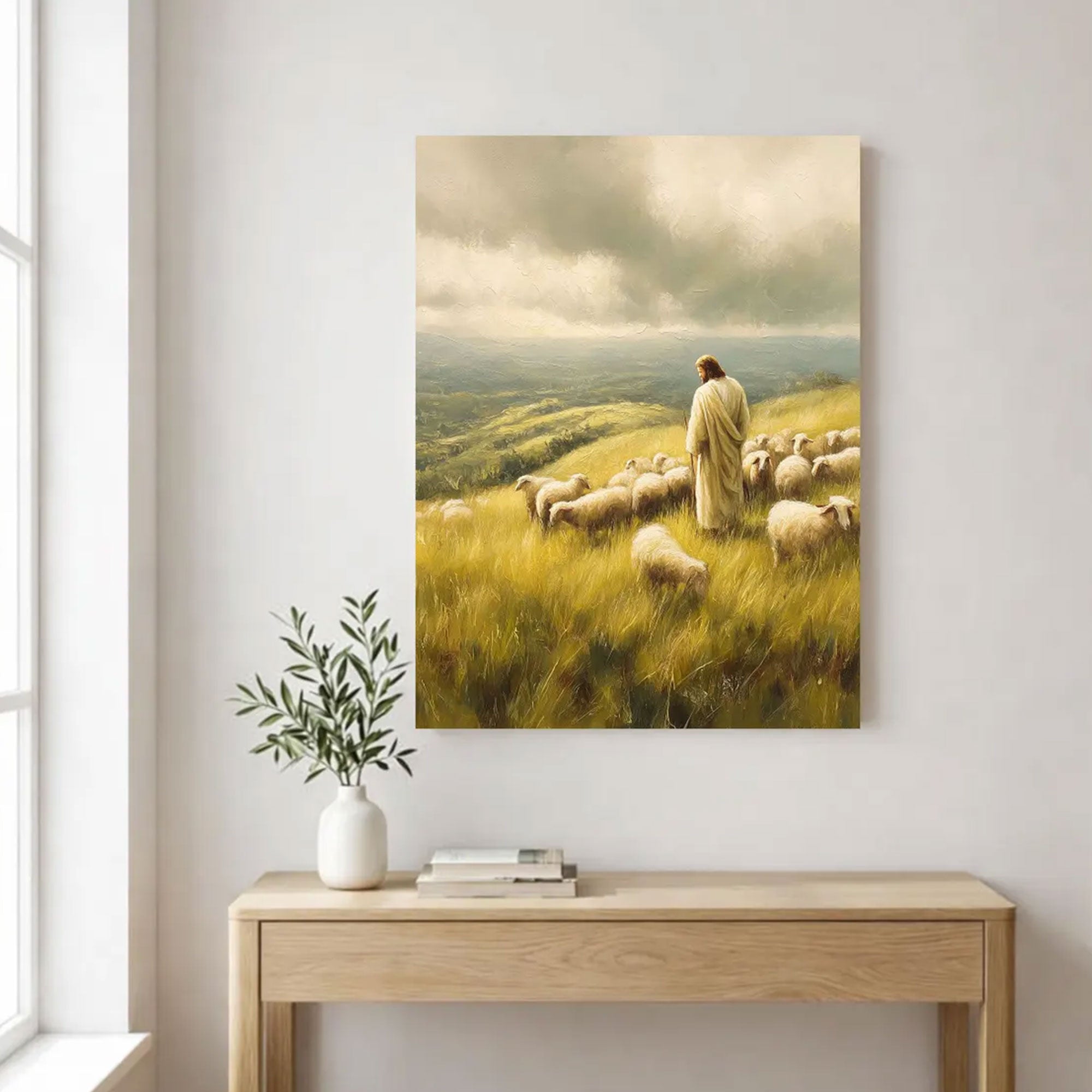 Jesus Good Shepherd Canvas Print, Christian Religious Sheep Wall Art, Rustic Faith Home Decor