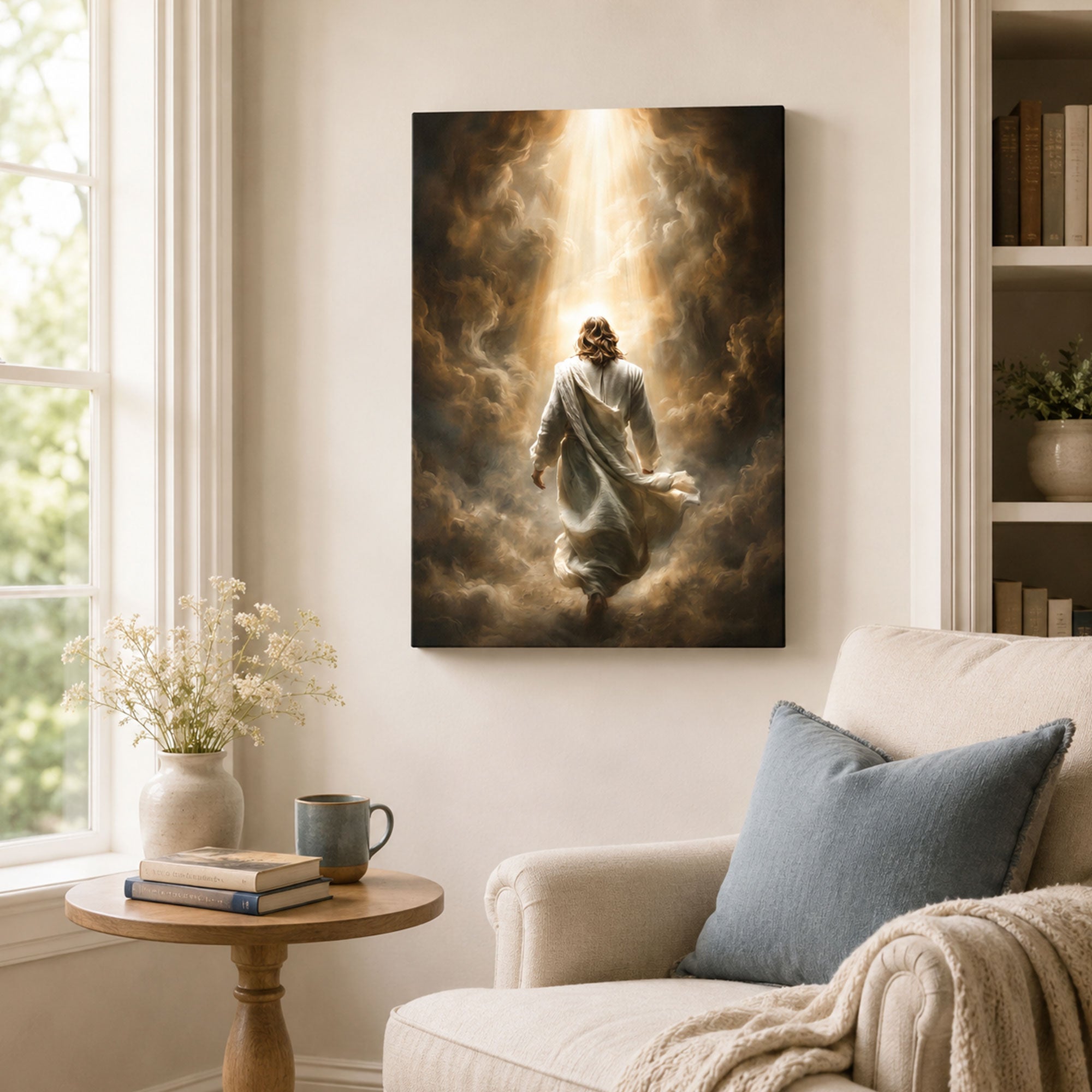 Jesus Walking Into Light Canvas Art, Spiritual Christian Journey Wall Decor, Minimal Biblical Home Decoration