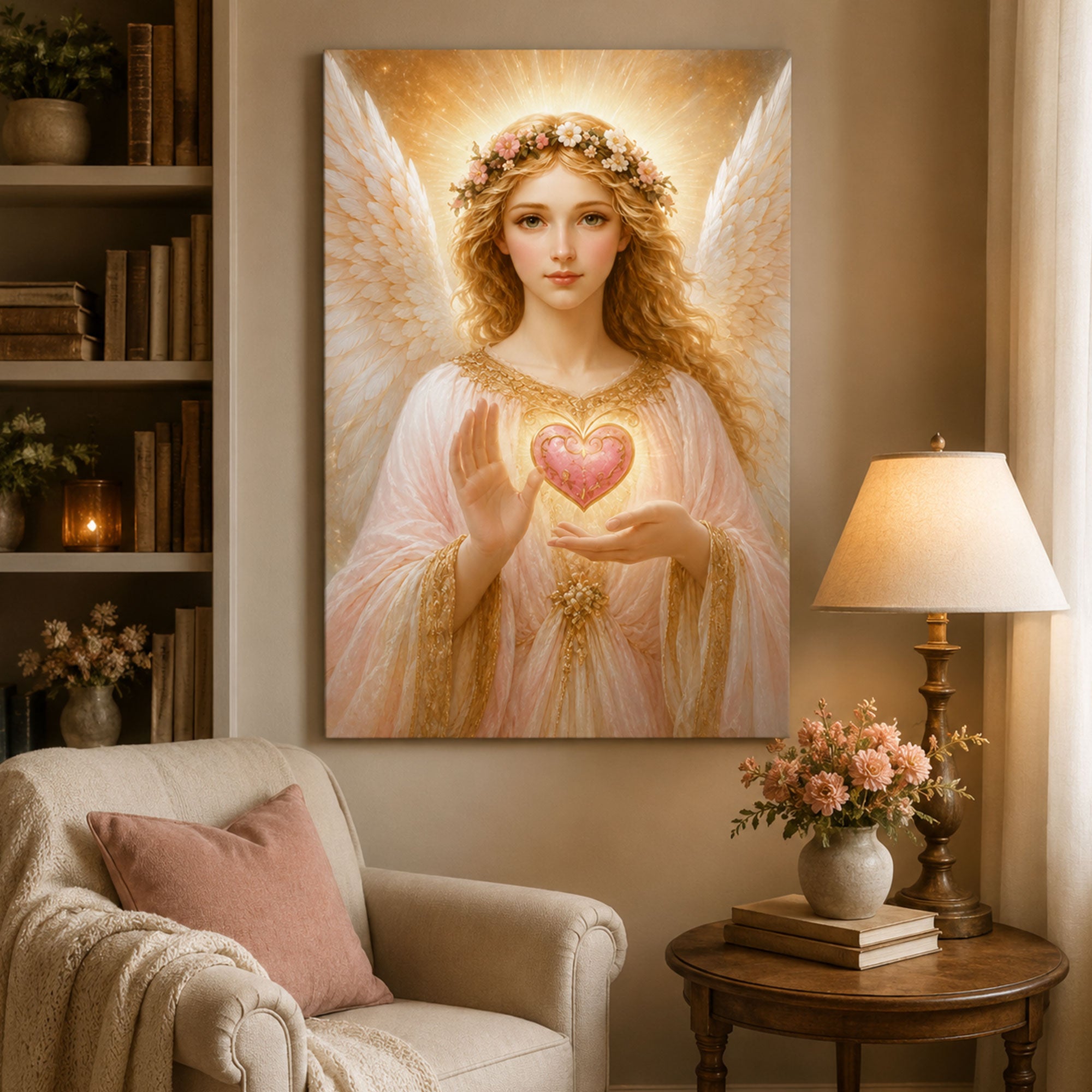 Guardian Angel Holding Heart Canvas Print, Christian Wall Art, Divine Love Faith Home Decor