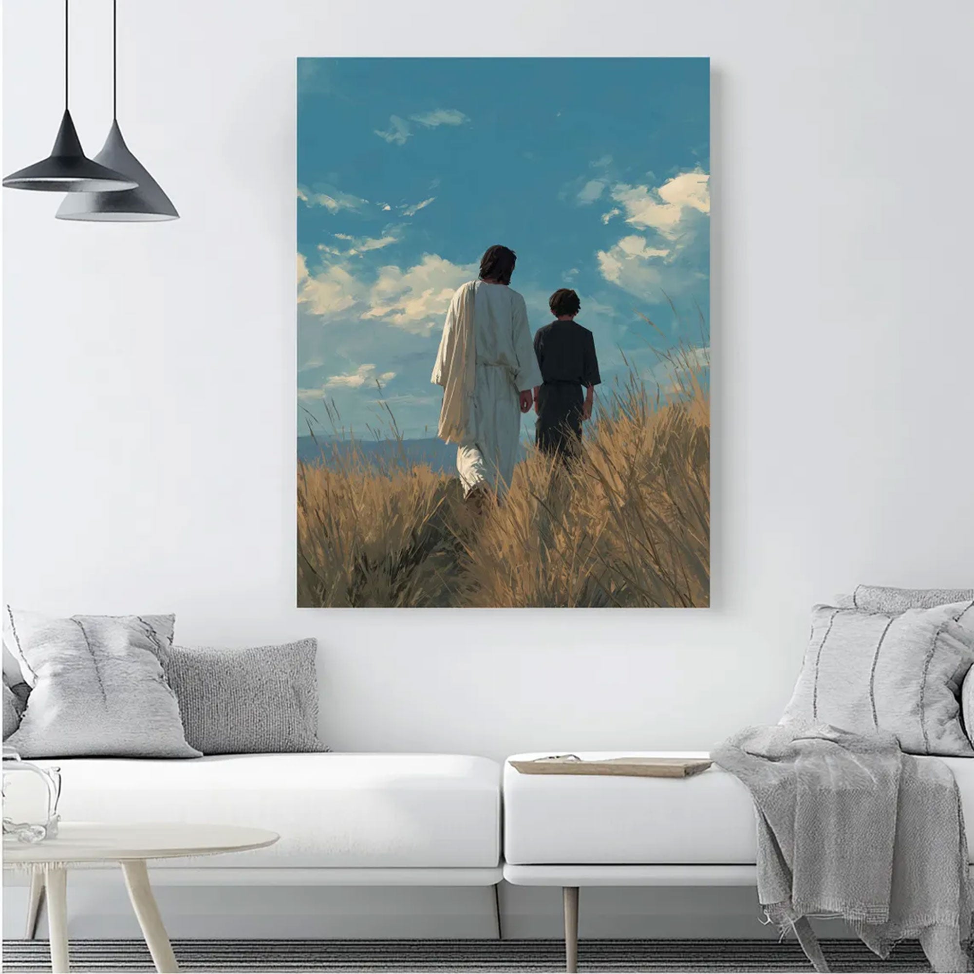 Jesus Walking With Child Canvas Print, Christian Faith Wall Art, Peaceful Spiritual Home Decor