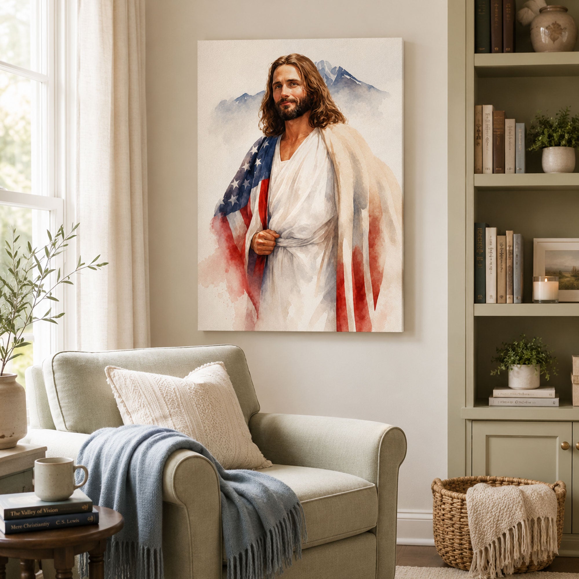 Jesus and American Flag Canvas Print, Patriotic Christian Wall Art, One Nation Under God Faith Home Decor