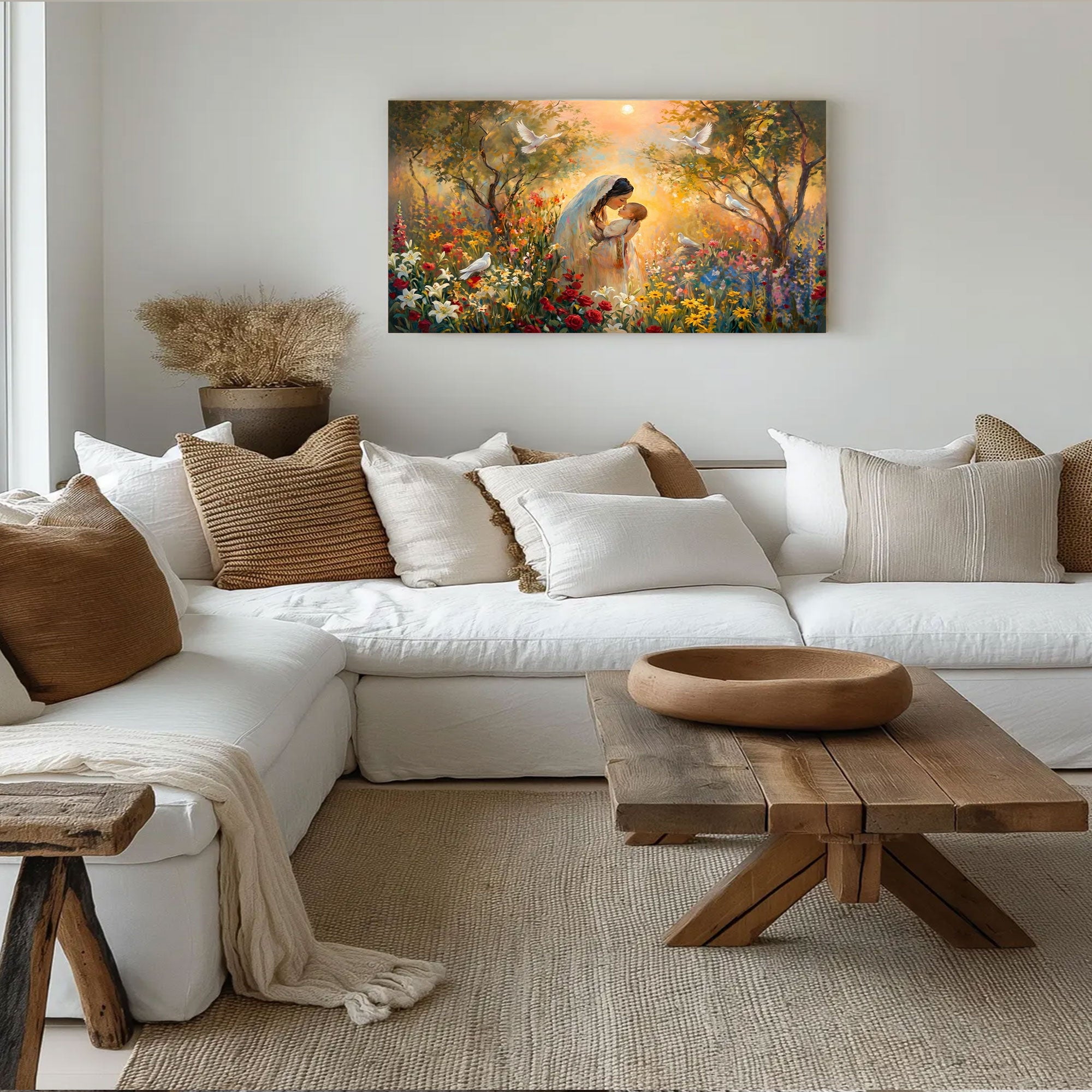 Madonna and Child in Bloom Canvas Print, Virgin Mary with Baby Jesus, A Tender Expression of Love, Peace, and Divine Grace