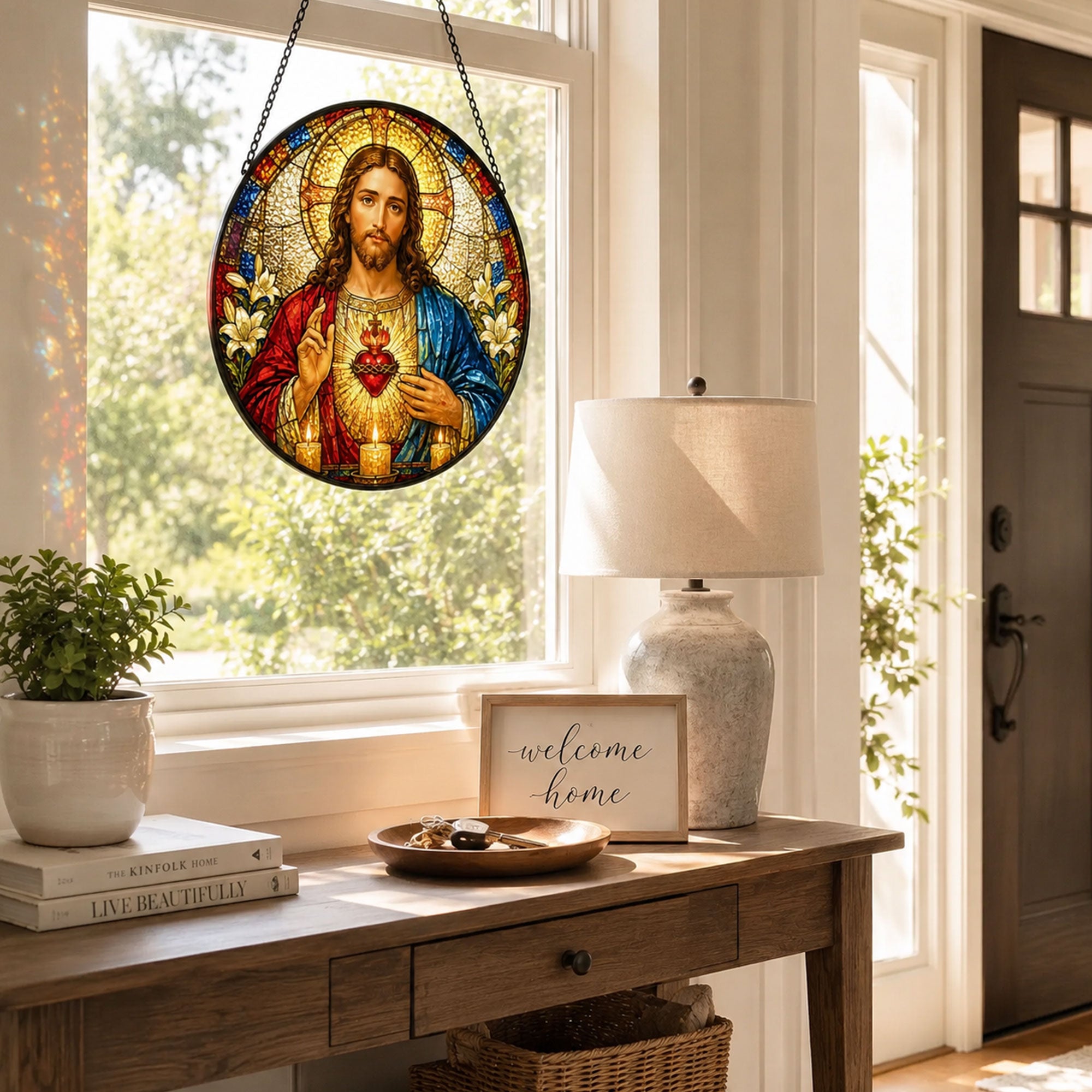 Sacred Heart of Jesus Suncatcher, Catholic Window Hanging, Christian Faith Gift