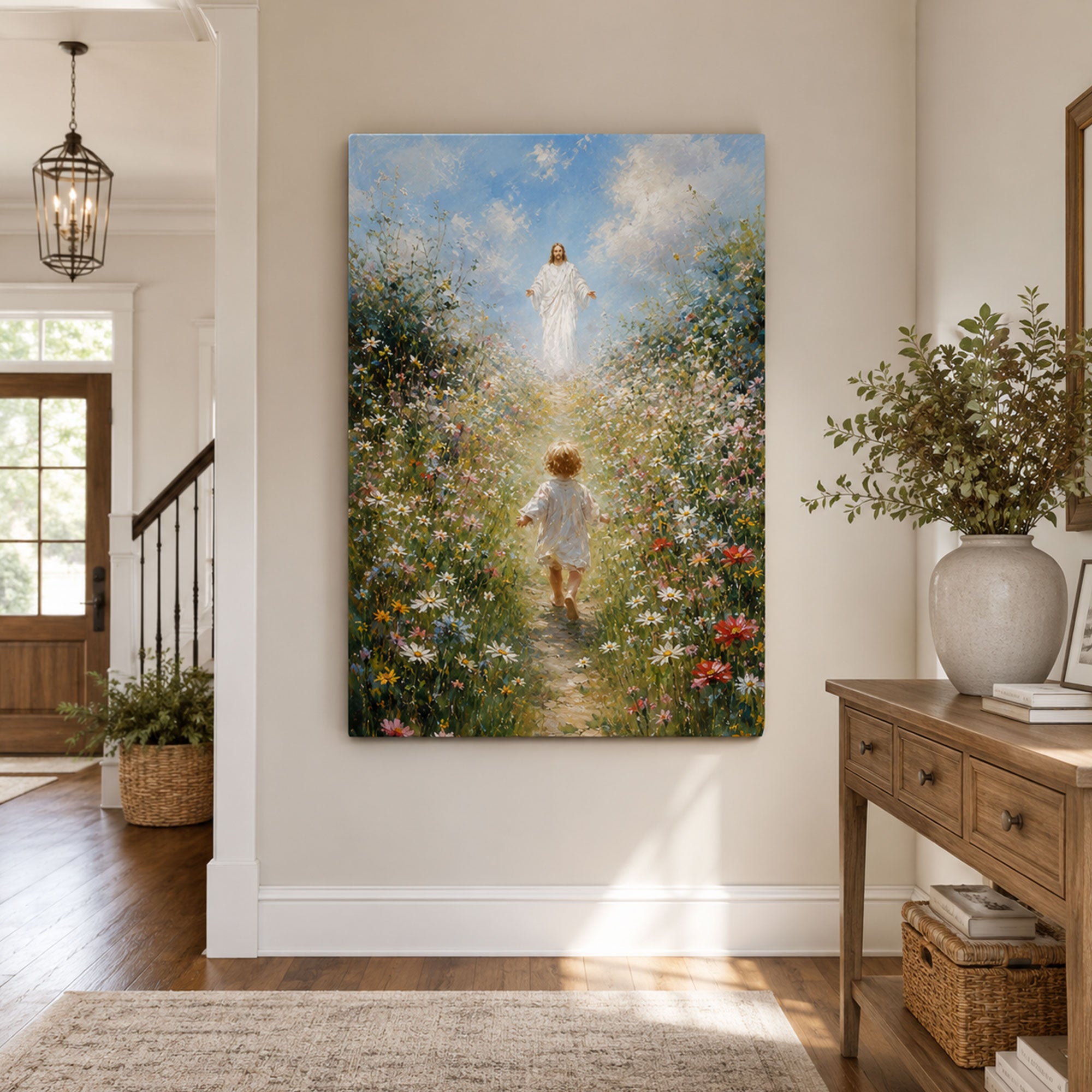 Jesus Welcoming Child Canvas Print, Christian Flower Field Wall Art, Peaceful Faith Home Decor Gift