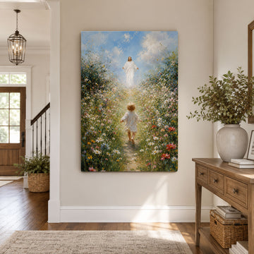 Jesus Welcoming Child Canvas Print, Christian Flower Field Wall Art, Peaceful Faith Home Decor Gift
