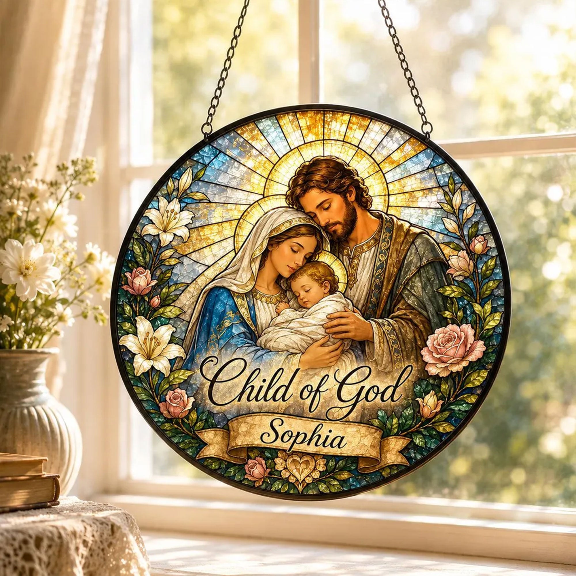 Personalized Child of God Holy Family Suncatcher, Custom Name Catholic Baptism Gift for Baby Girl
