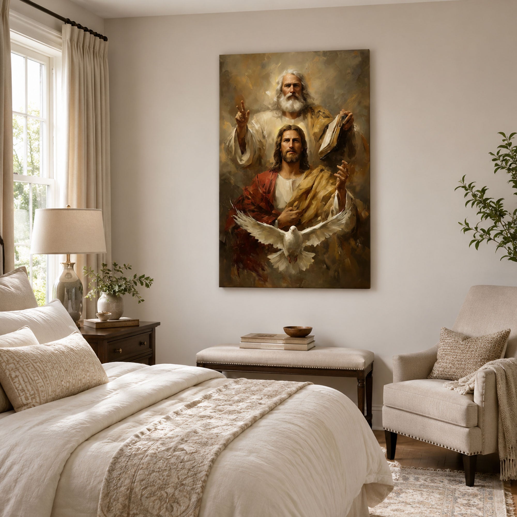 Holy Trinity Wall Art, God The Father Jesus Christ Holy Spirit Dove Canvas Print, Christian Faith Decor