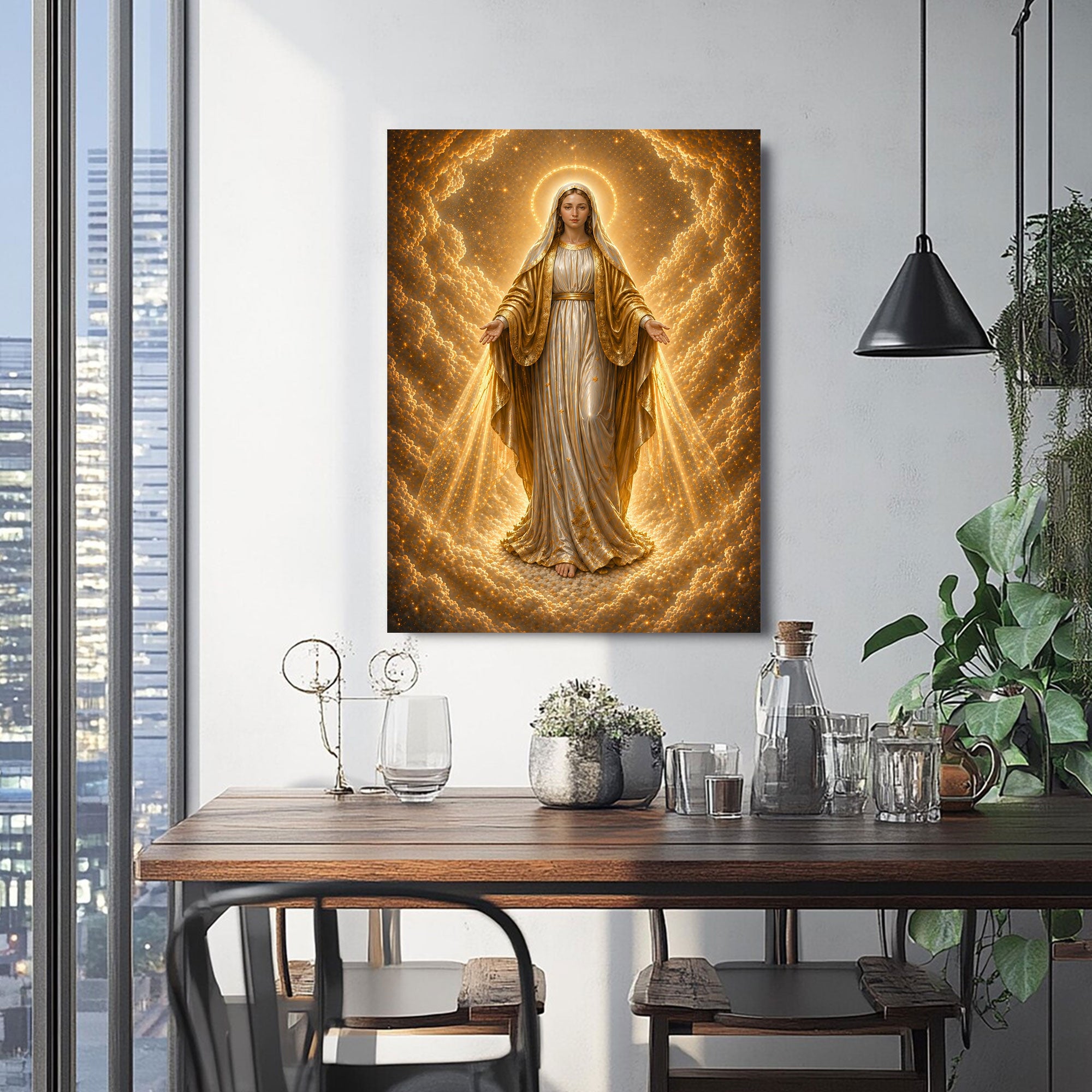 Our Lady of Heavenly Light Canvas Print, Radiant Virgin Mary Wall Art, Catholic Divine Grace Decor, Golden Sacred Artwork