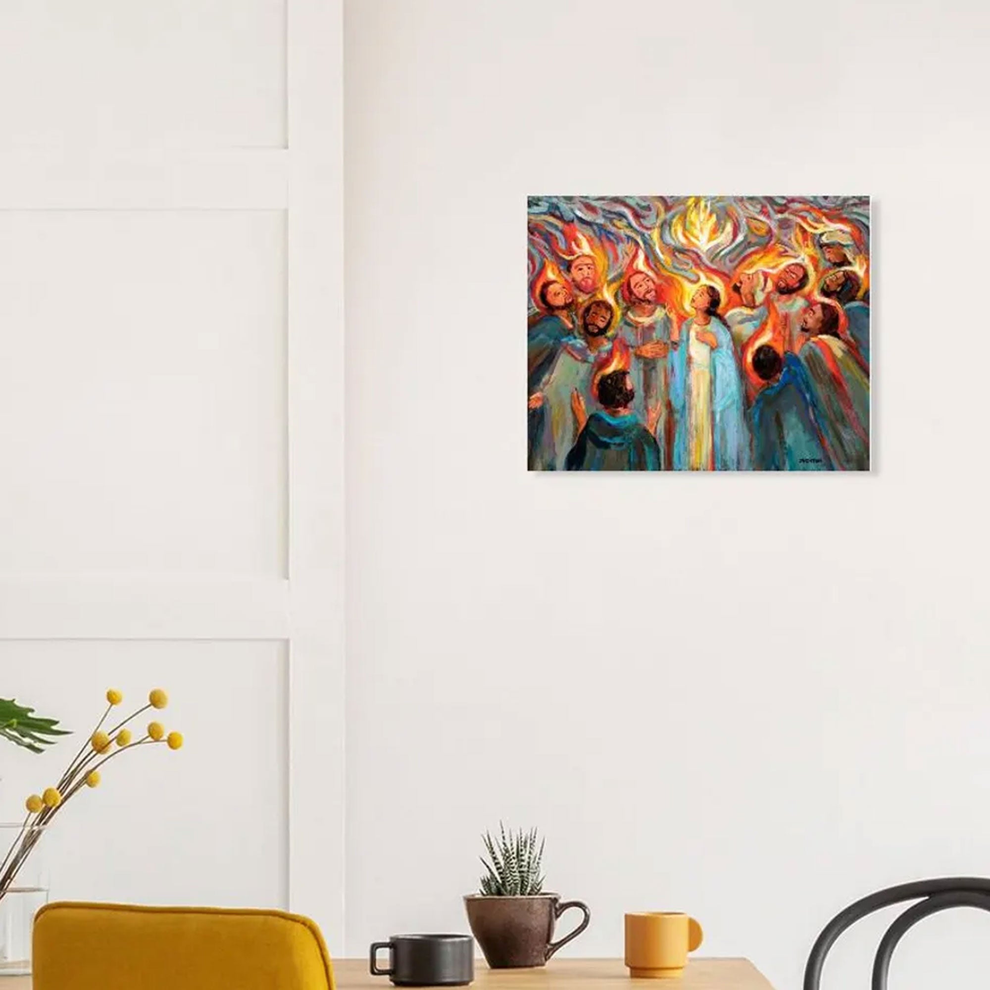 Pentecost Canvas Wall Art, Fire of the Holy Spirit with Mary and Disciples, Christian Faith Decor, Sacred Religious Artwork