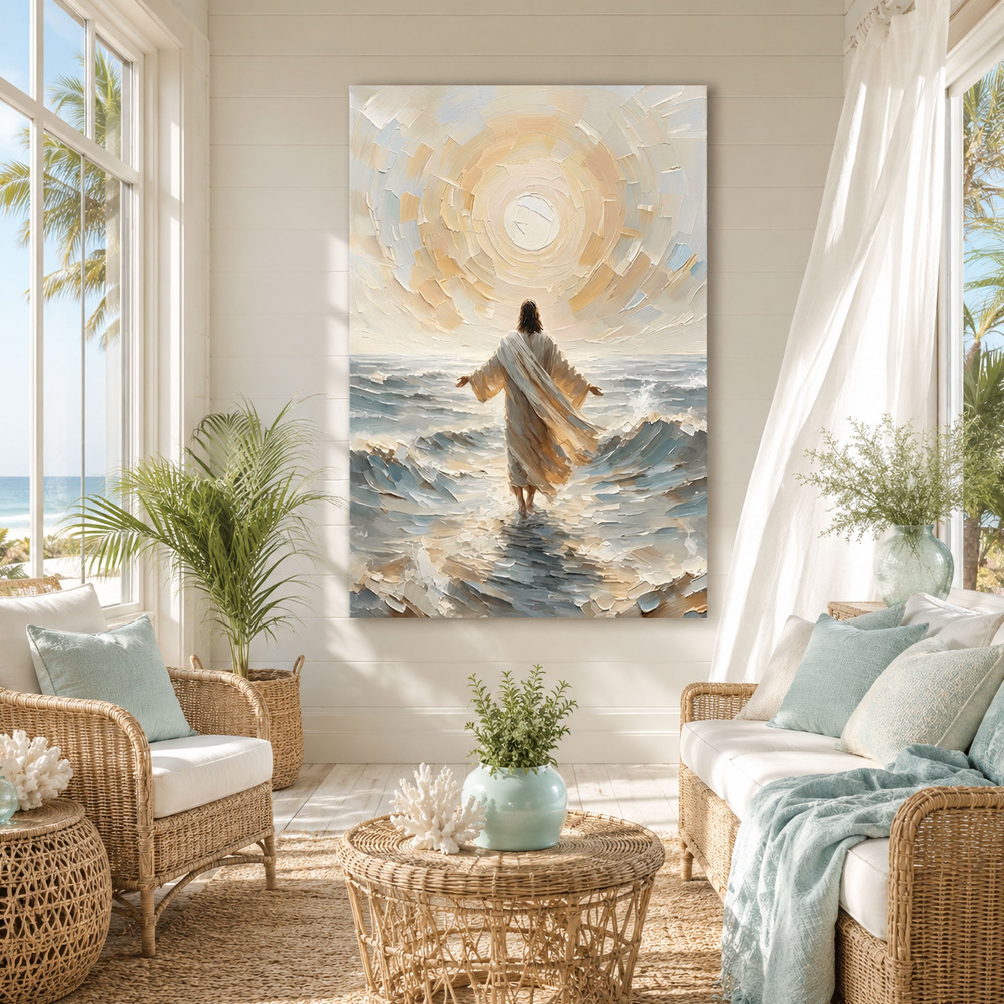 Jesus Walking Through the Waves Canvas Art, Divine Light Christian Wall Decor, Ocean Faith Spiritual Artwork