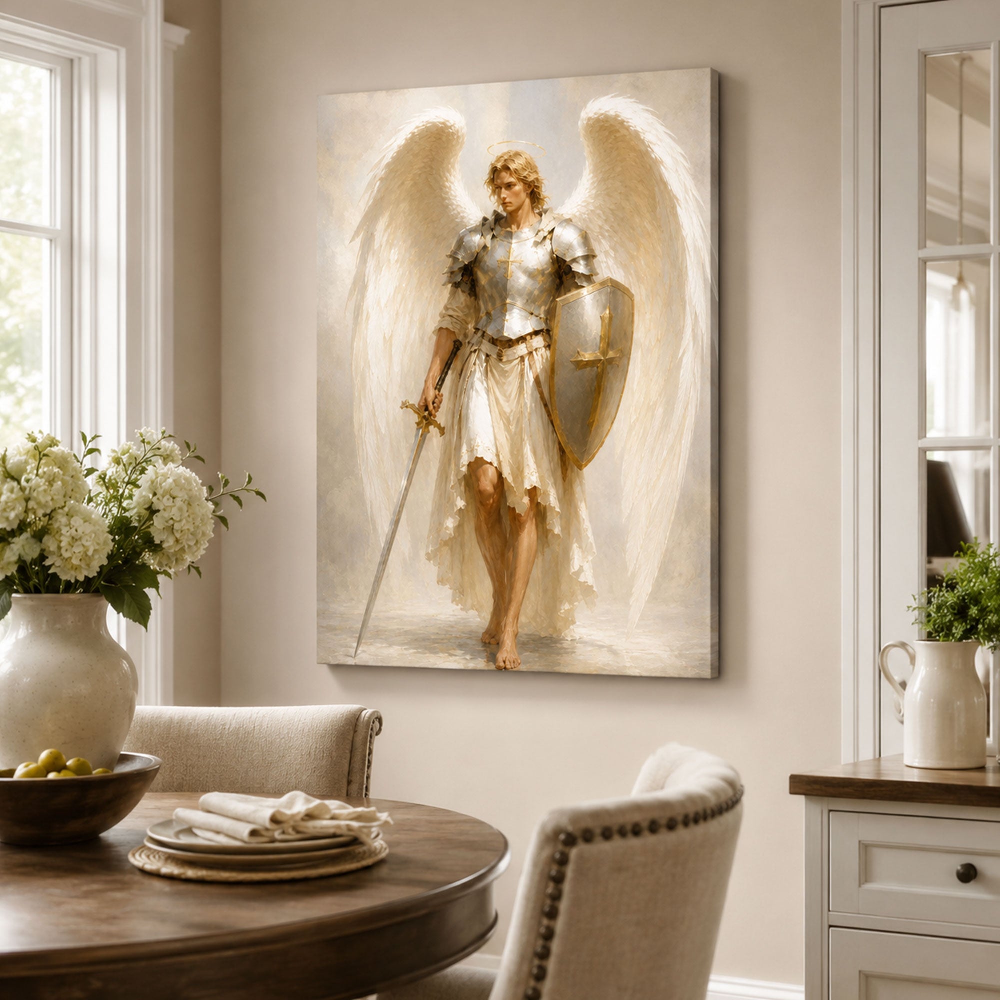Saint Michael Archangel Canvas Print, Catholic Warrior Angel Wall Art, White Armor Faith Home Decor Gift