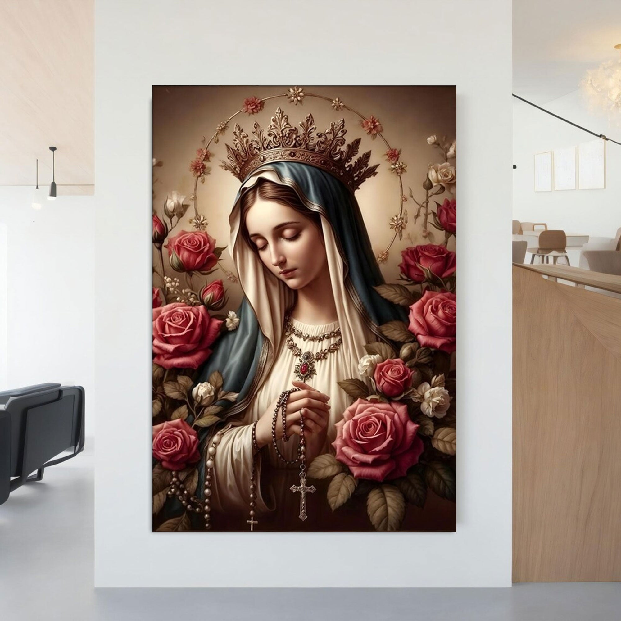 Virgin Mary Floral Canvas Print, Blessed Mother Portrait Wall Art, Catholic Faith Decor, Sacred Christian Gift, Ready to Hang