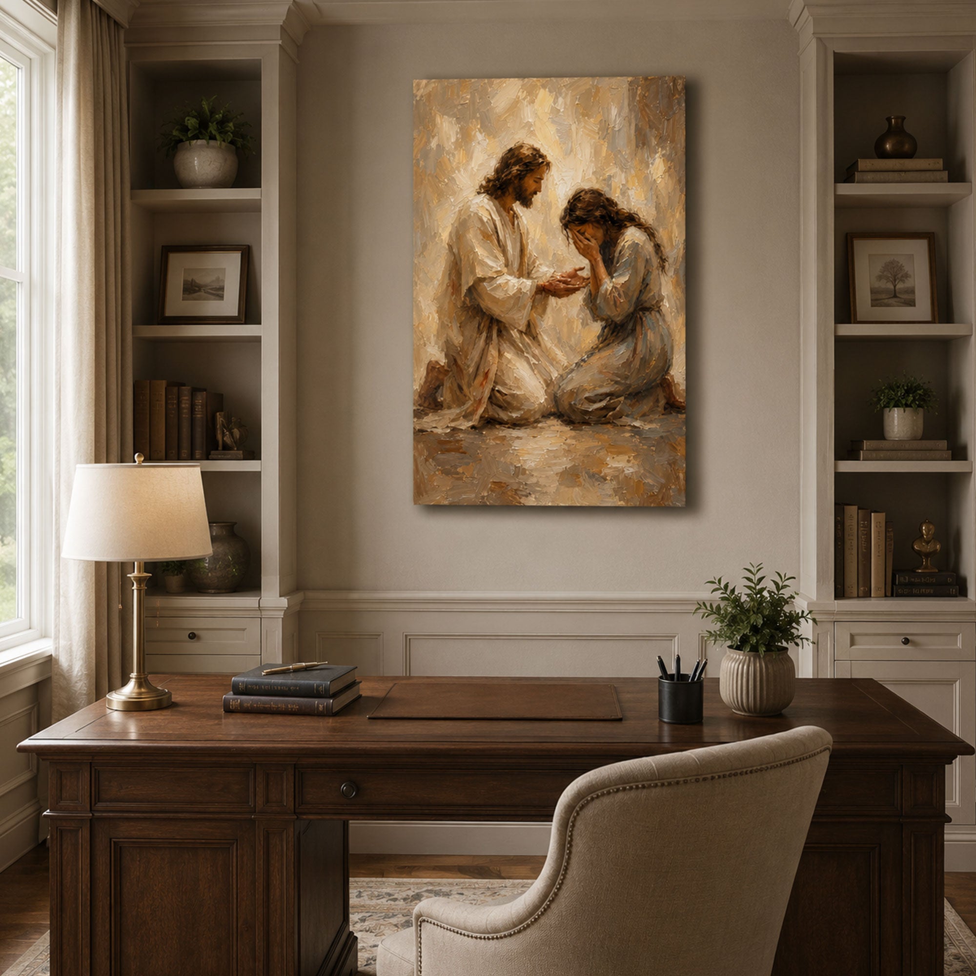 Jesus Comforting Woman Canvas Print, Soft Brush Christian Wall Decor for Home
