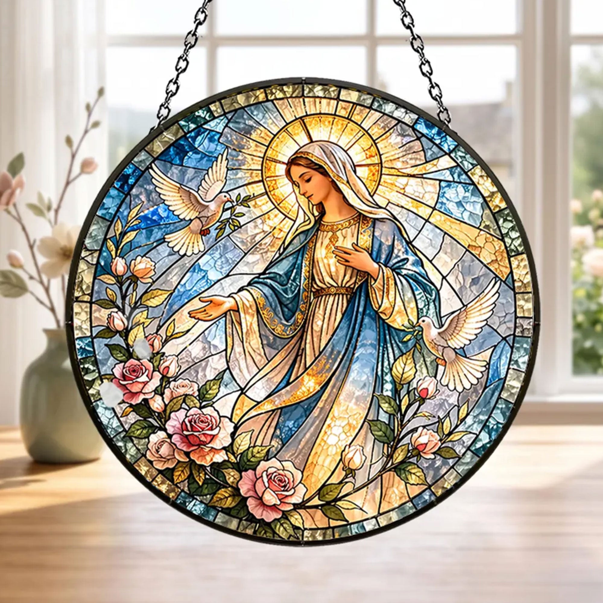 Virgin Mary with Doves and Roses Suncatcher, Catholic Window Hanging, Christian Religious