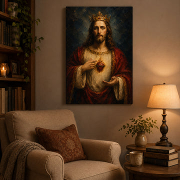 Christ the King Sacred Heart Canvas Print, Crowned Jesus Catholic Wall Art, Royal Christian Home Decor
