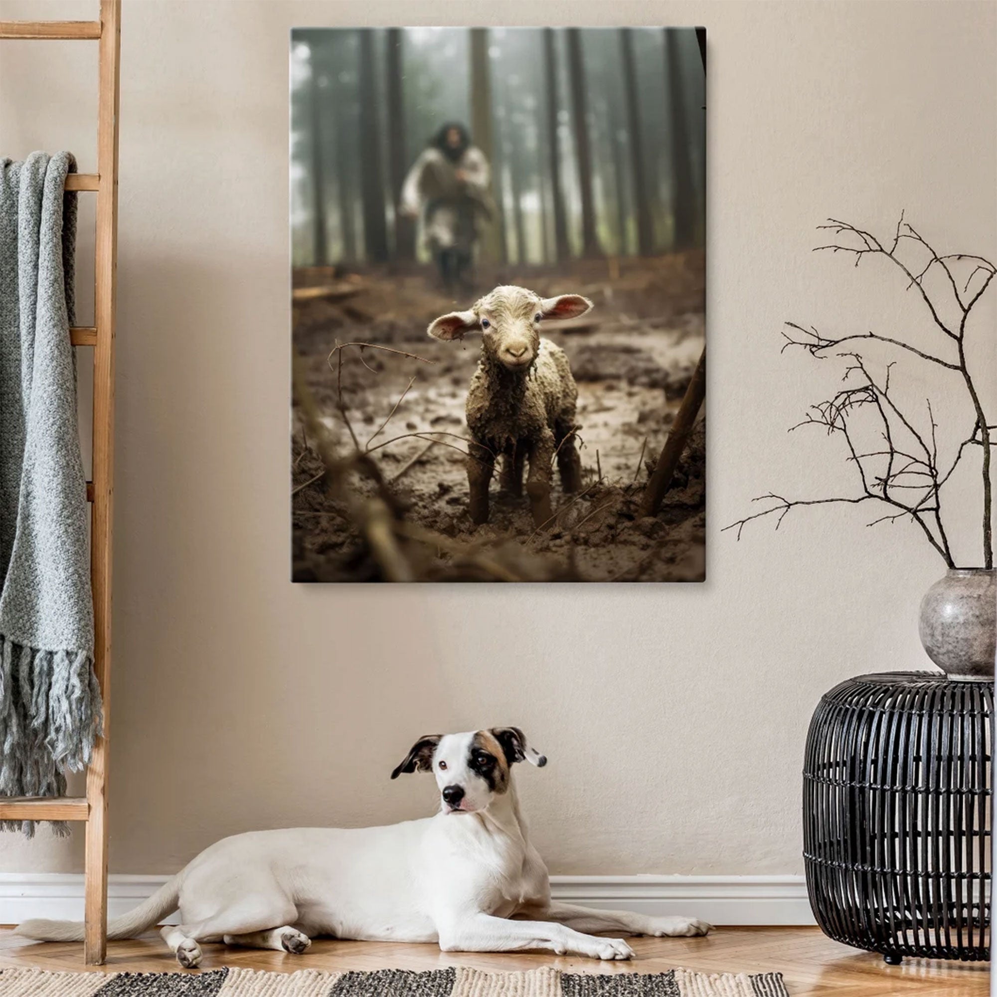 Jesus Saving Lost Lamb Canvas, Christian Wall Art, Good Shepherd Faith Canvas Print