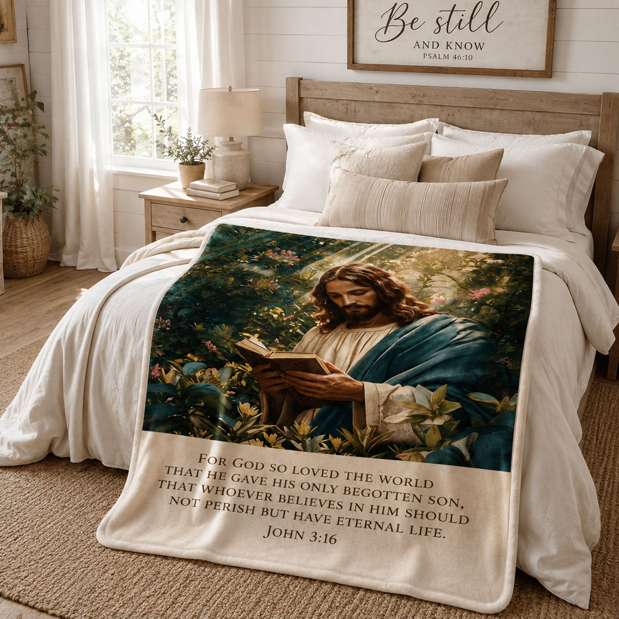 Jesus Reading Bible Fleece Blanket, John 3:16 Christian Throw, Scripture Faith Gift