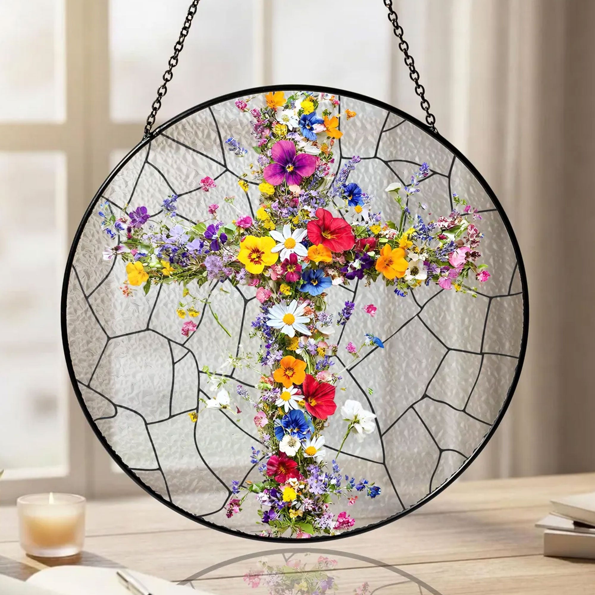 Christian Cross Wildflower Stained Glass Suncatcher, Floral Window Hanging, Easter Decor Gift