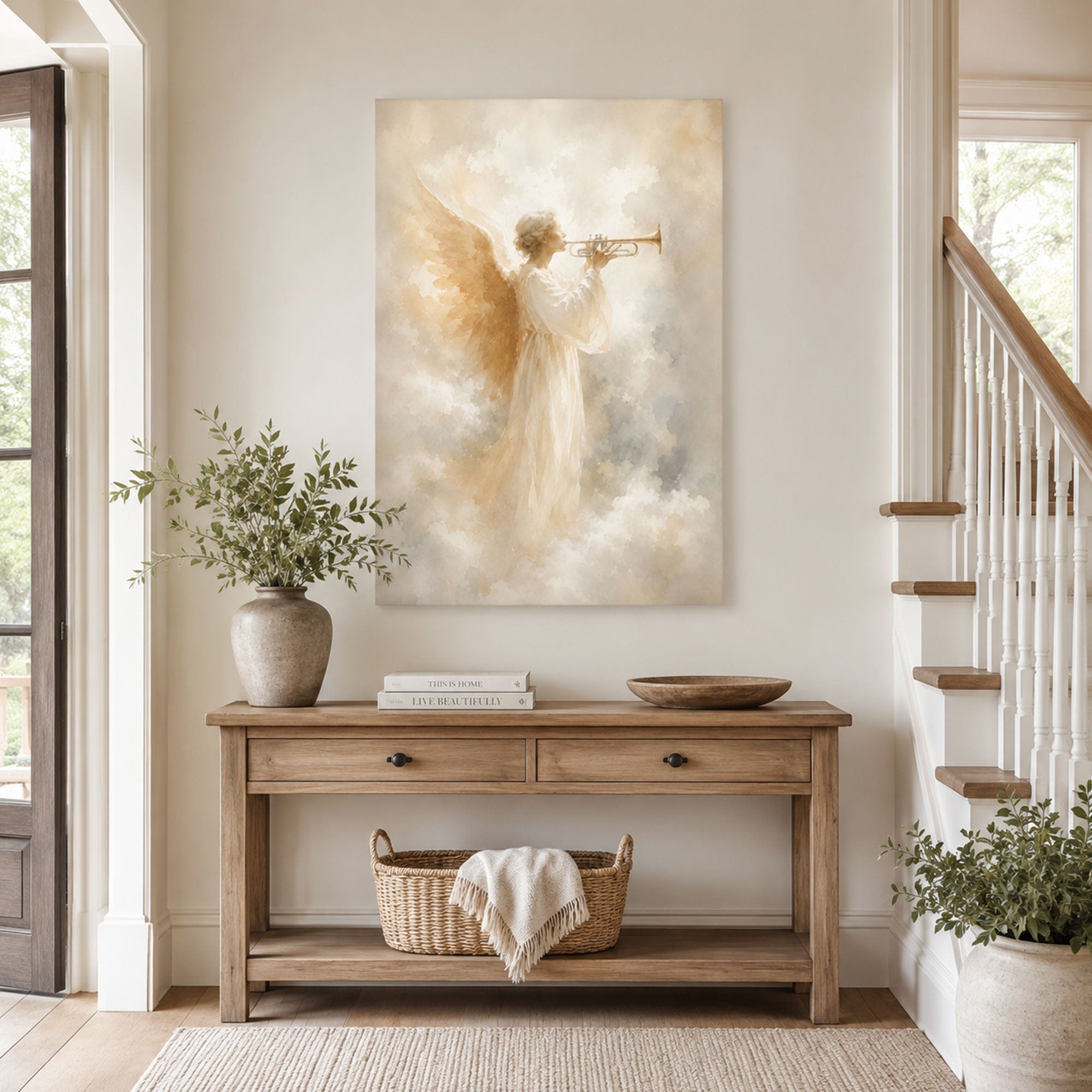 Trumpet Angel Canvas Print, Soft Watercolor Christian Angel Wall Art, Heavenly Faith Home Decor Gift