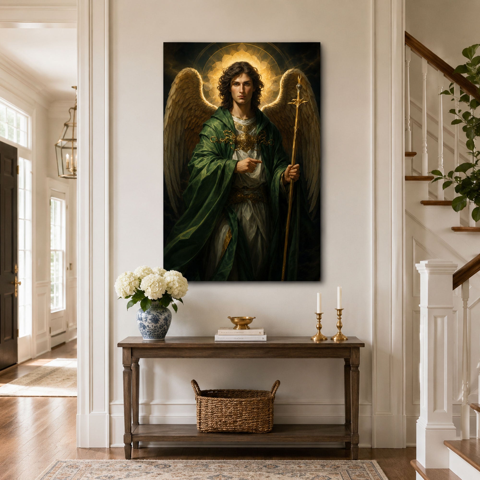 Saint Raphael Archangel Canvas Print, Catholic Healing Angel Wall Art, Green Robe Faith Home Decor Gift