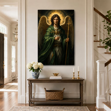 Saint Raphael Archangel Canvas Print, Catholic Healing Angel Wall Art, Green Robe Faith Home Decor Gift