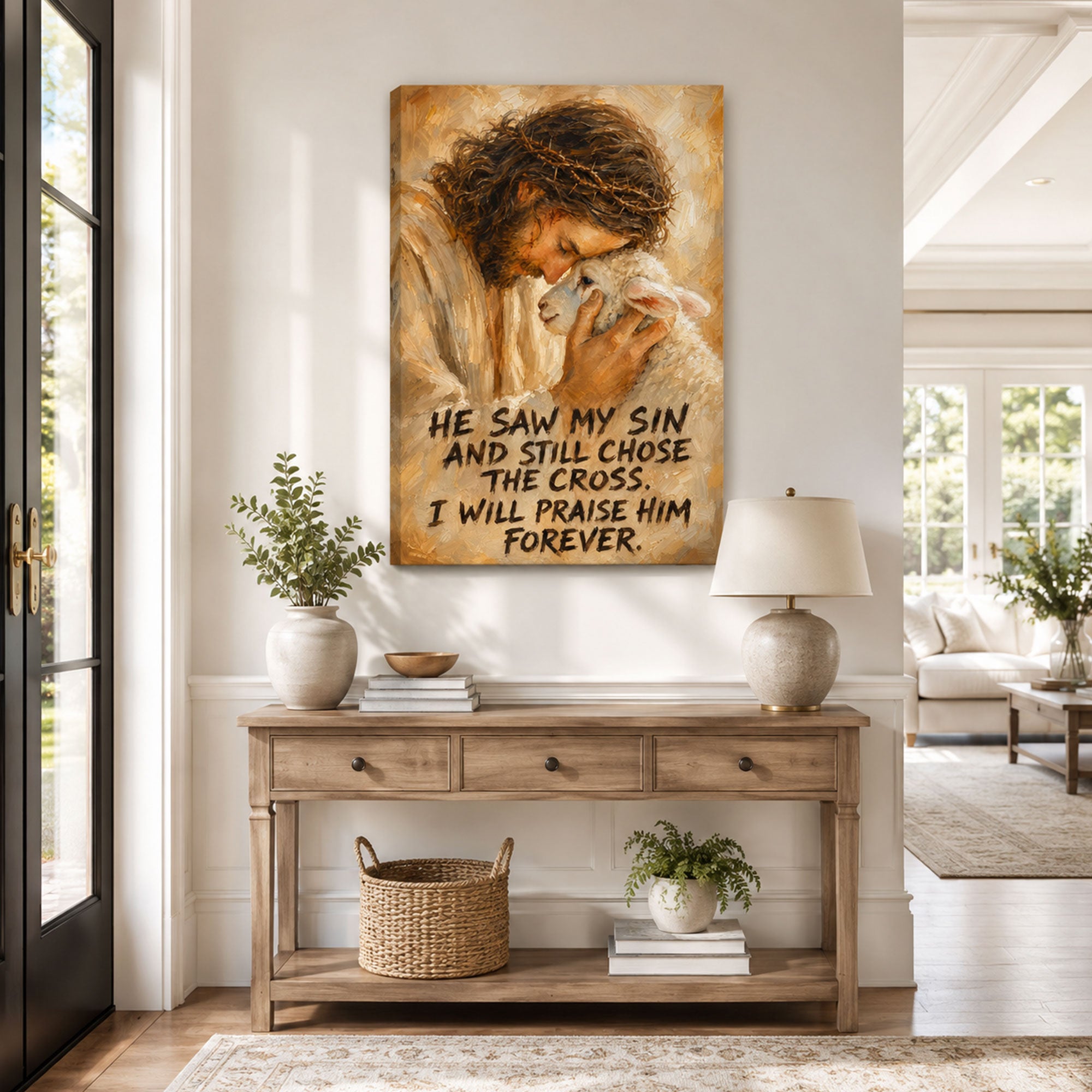 He Saw My Sin and Still Chose the Cross Canvas Print, Jesus and Lamb Christian Wall Decor, Faith Gift