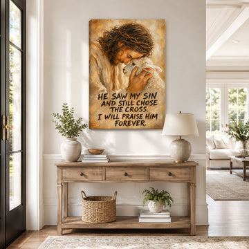 He Saw My Sin and Still Chose the Cross Canvas Print, Jesus and Lamb Christian Wall Decor, Faith Gift