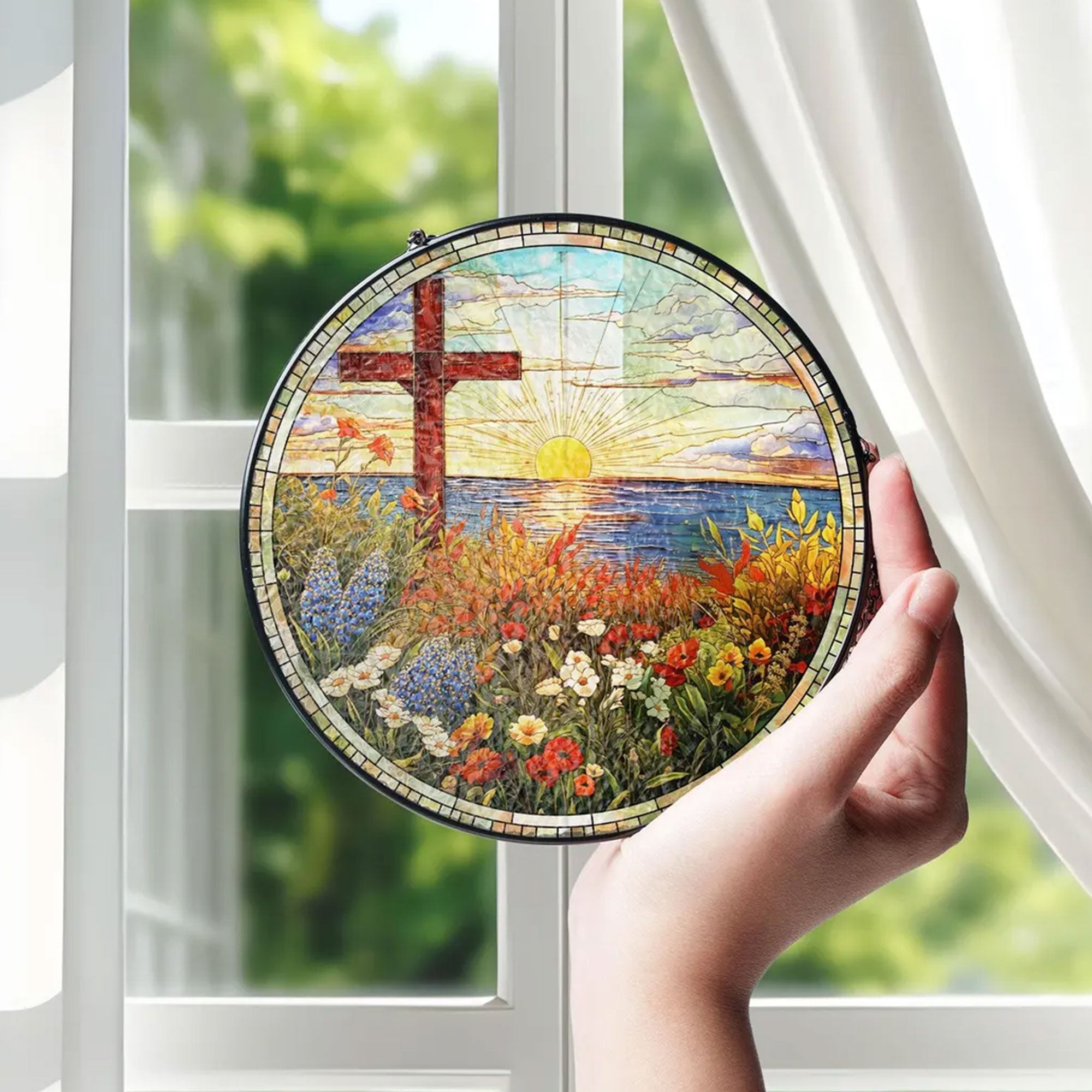 Christian Cross Stained Glass Suncatcher, Religious Window Hanging Decor, Faith Gift, Handmade Home Ornament