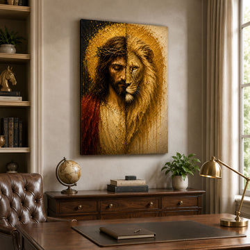 Lion of Judah Jesus Canvas Print, Crown of Thorns Christian Wall Art, Gold Faith Home Decor Gift