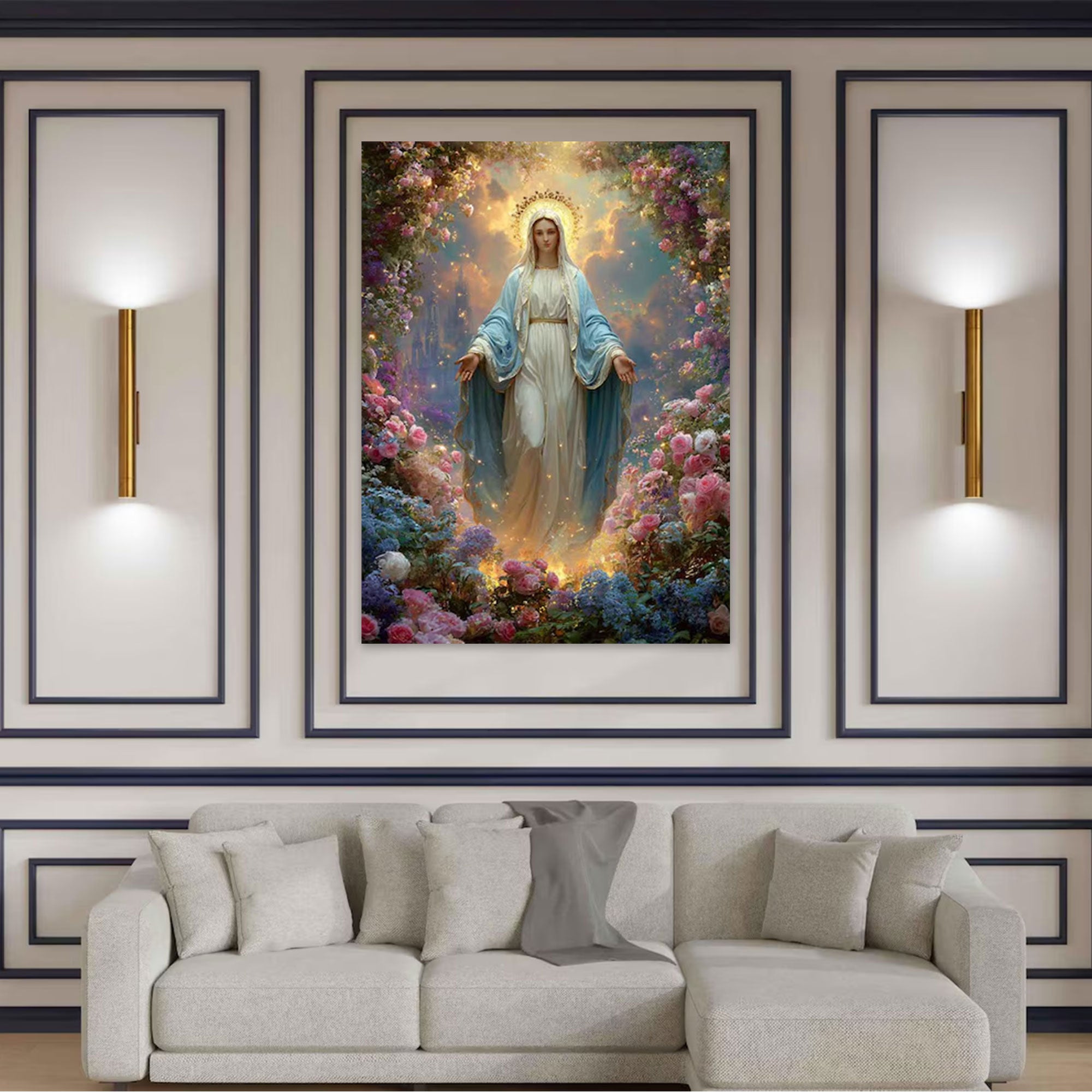 Virgin Mary Floral Canvas Wall Art, Blessed Mother Christian Decor, Catholic Religious Printing