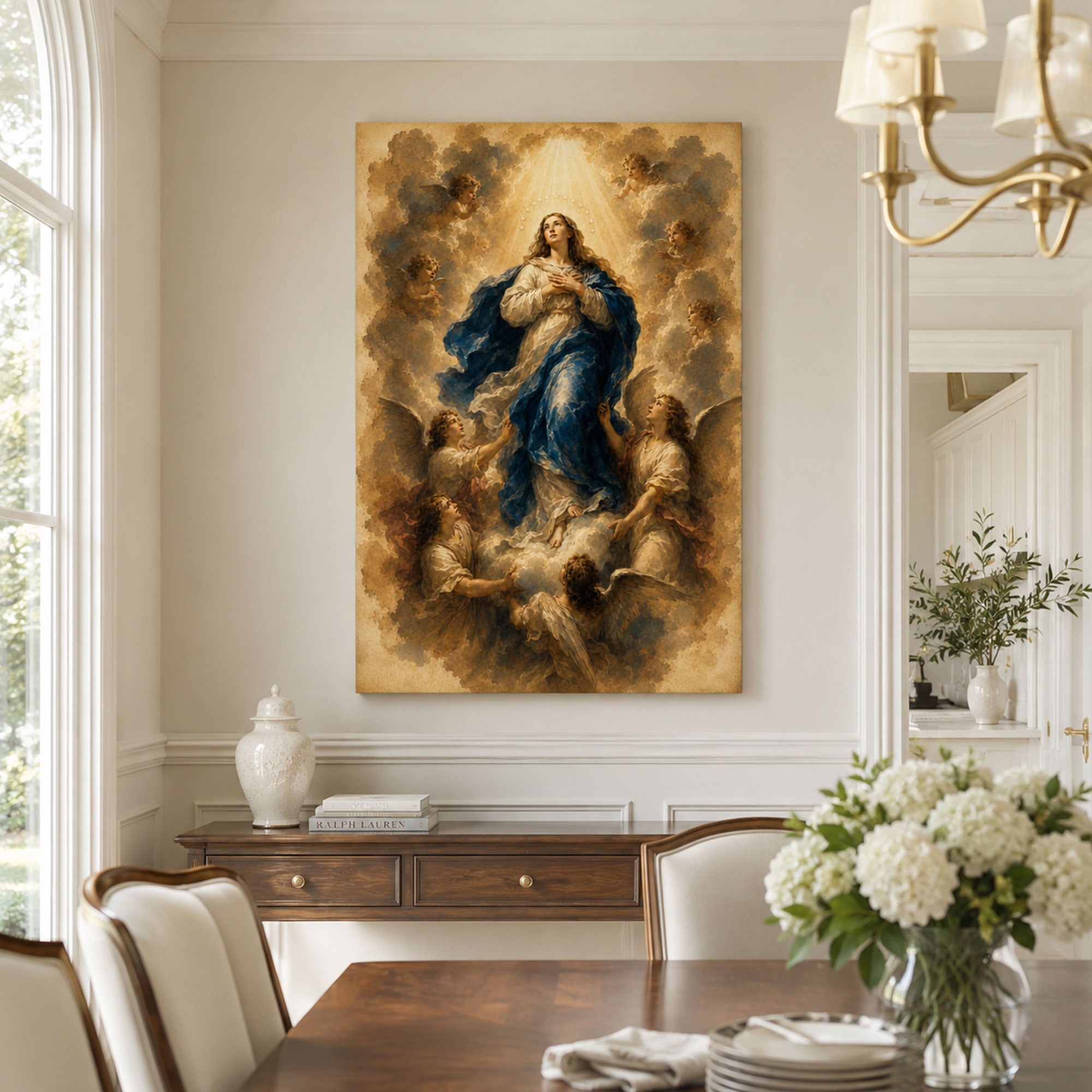Our Lady Lifted by Angels Canvas Print, Catholic Home Decor