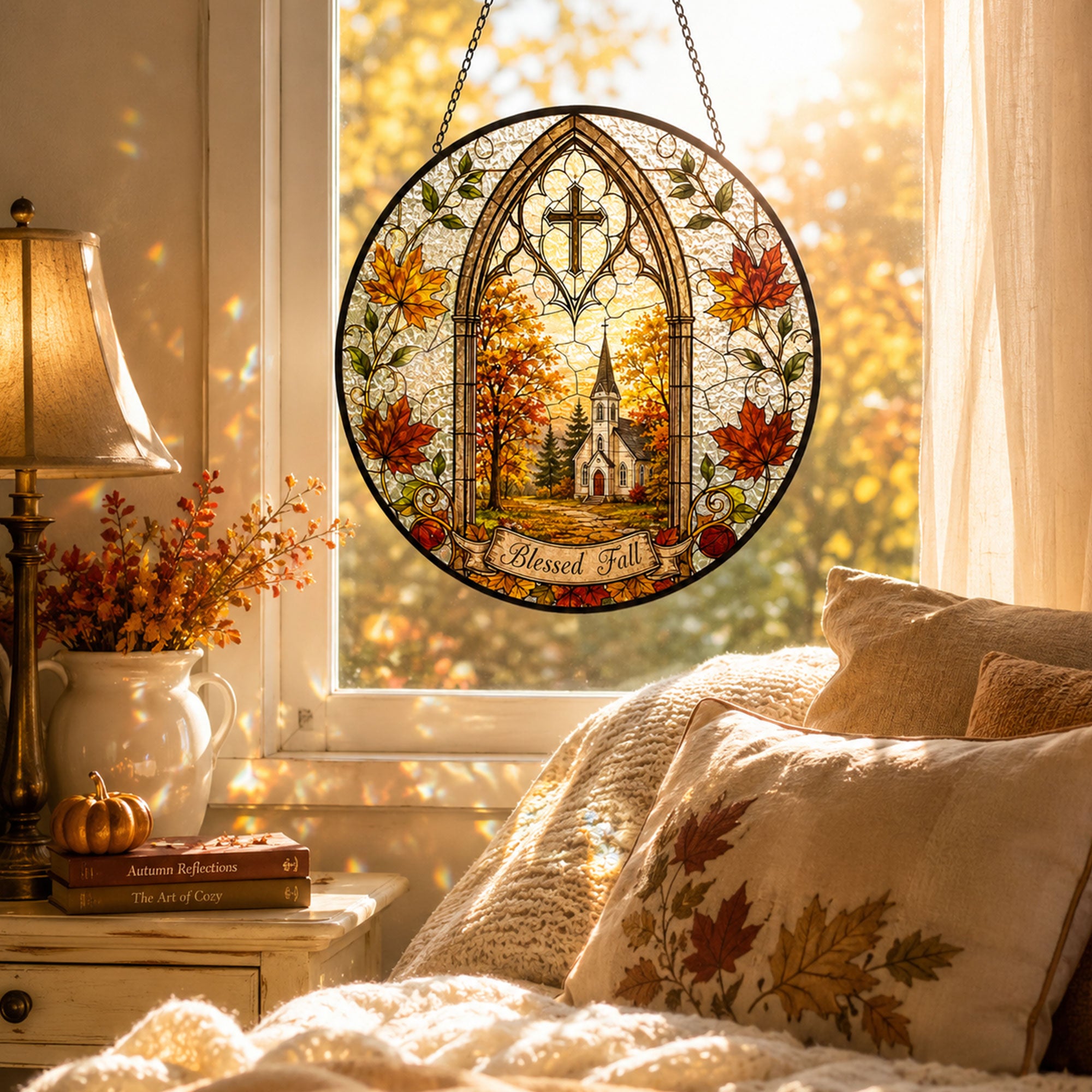 Blessed Fall Church Suncatcher, Autumn Leaves Christian Window Decor, Faith Gift for Home