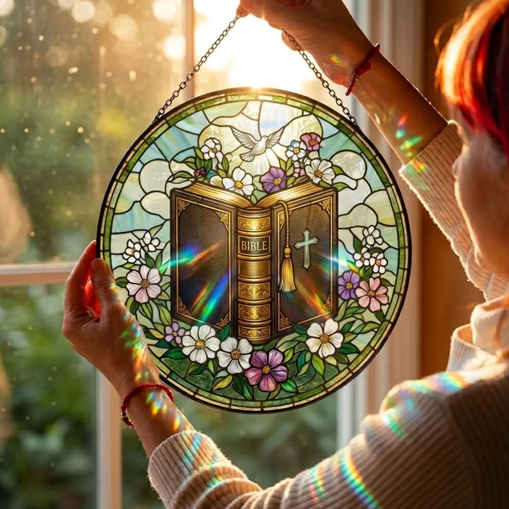 Open Bible Stained Glass Suncatcher with Dove, Christian Window Decor, Faith Gift