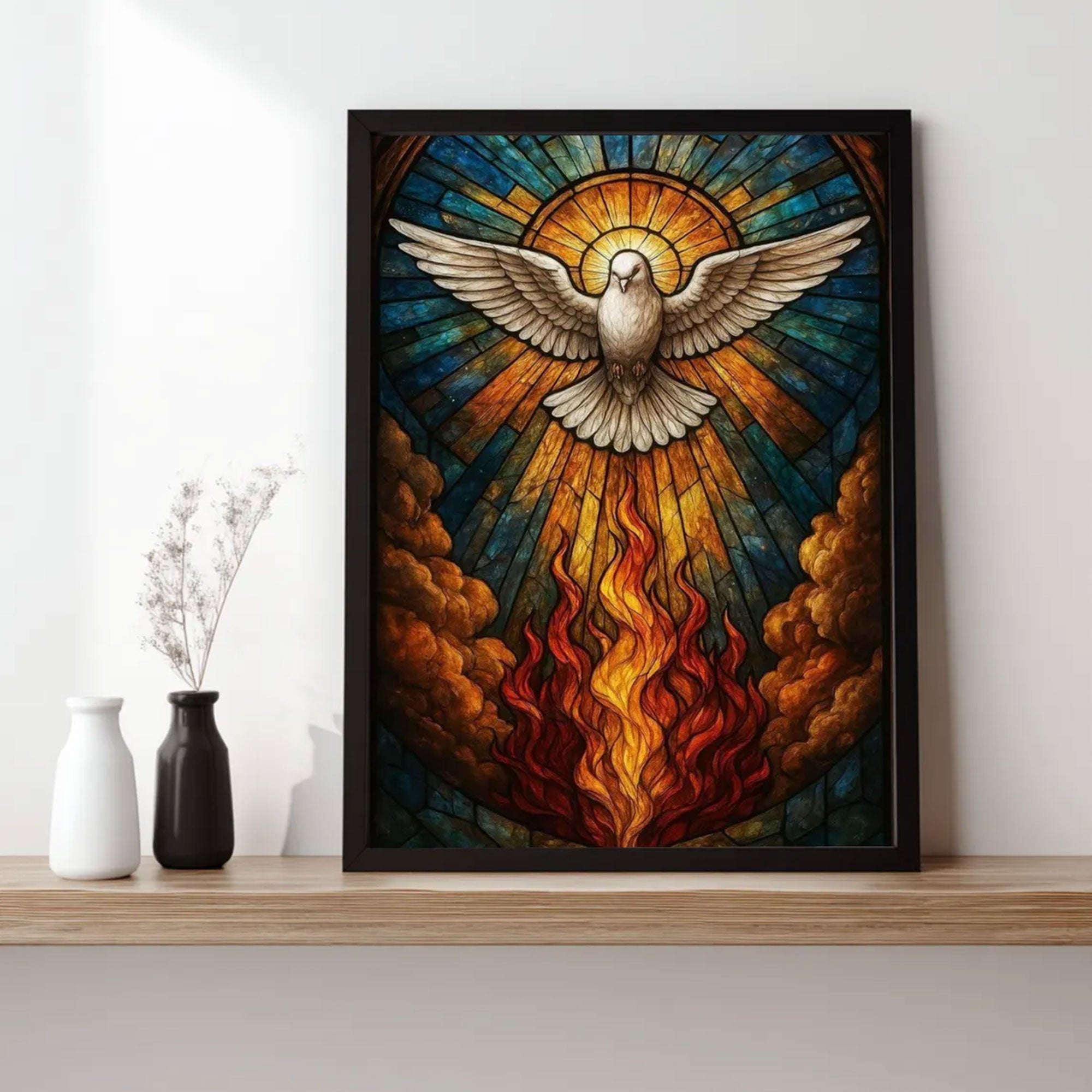Spiritual Dove Canvas Wall Art, Stained Glass Style Holy Fire and Divine Light, Inspirational Christian Faith Home Decor