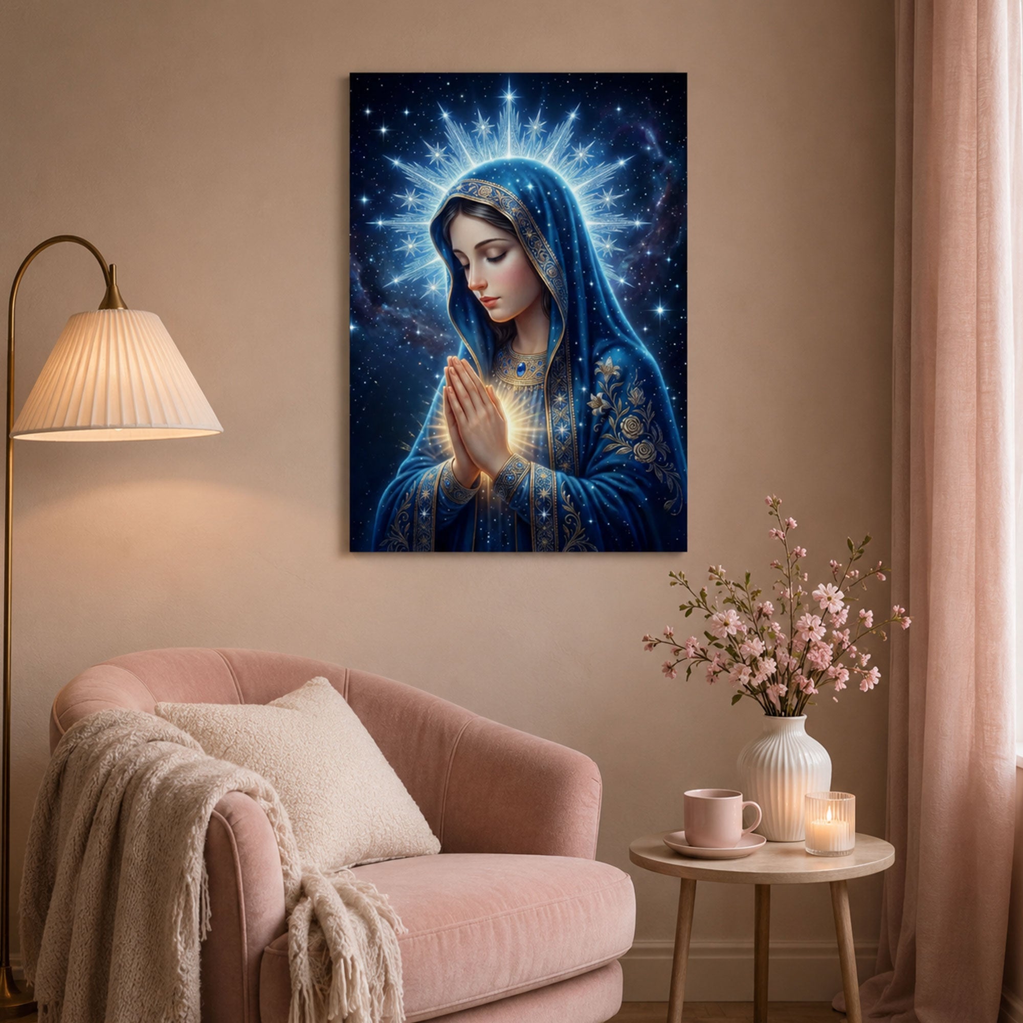 Celestial Virgin Mary Canvas Print, Starry Catholic Wall Art, Heavenly Blue Madonna Decor, Christian Faith Artwork