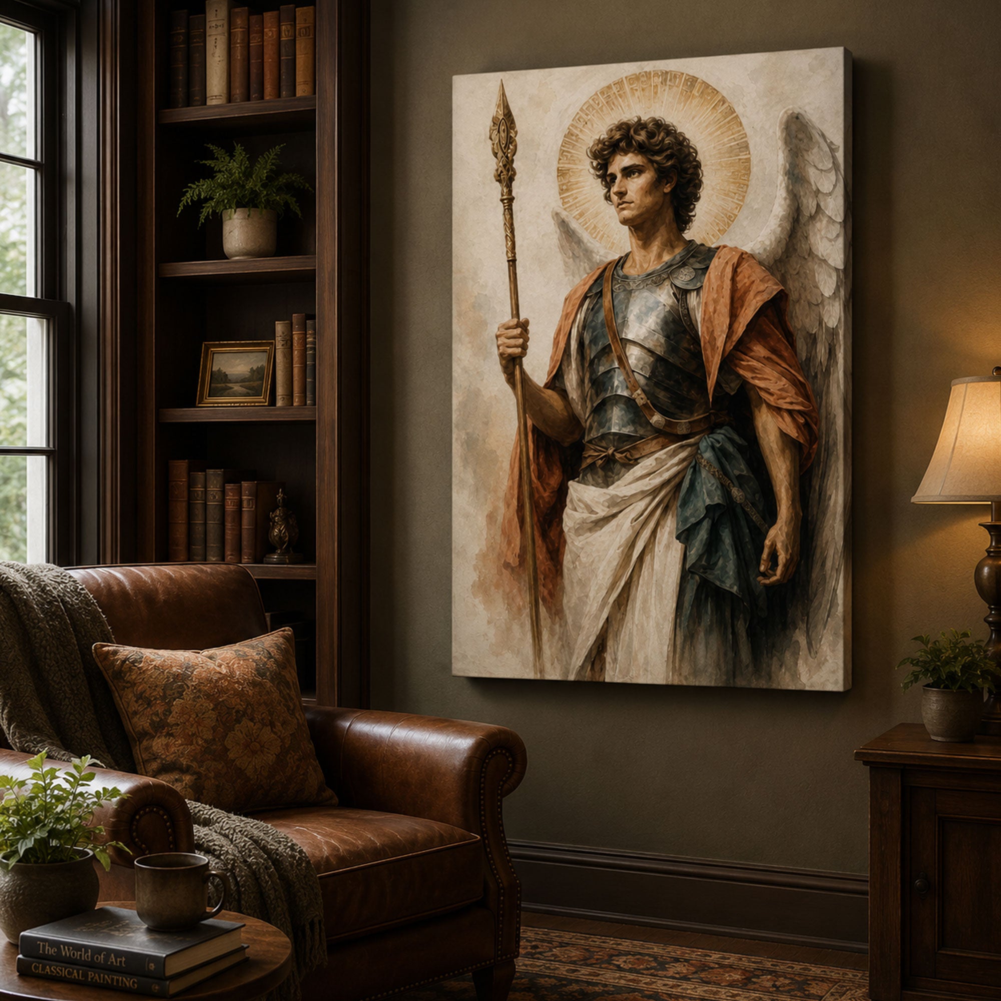 Archangel Michael with Spear Canvas Print, Catholic Guardian Angel Wall Art, Faith Home Decor