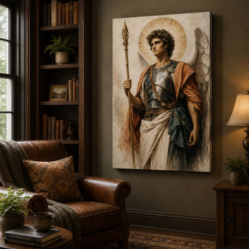 Archangel Michael with Spear Canvas Print, Catholic Guardian Angel Wall Art, Faith Home Decor