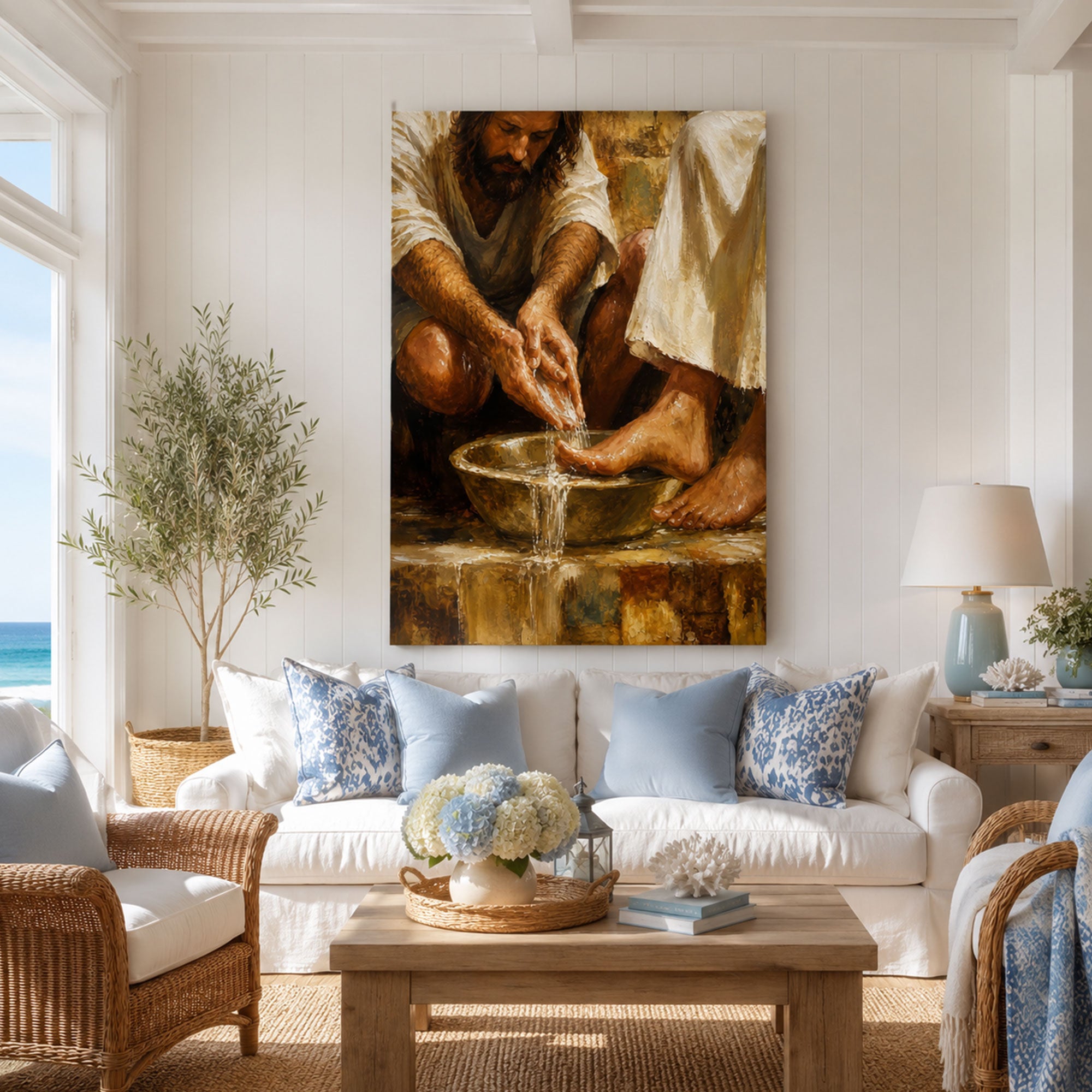 Jesus Washing Feet Canvas Print, Christian Bible Wall Art, Humility and Faith Home Decor