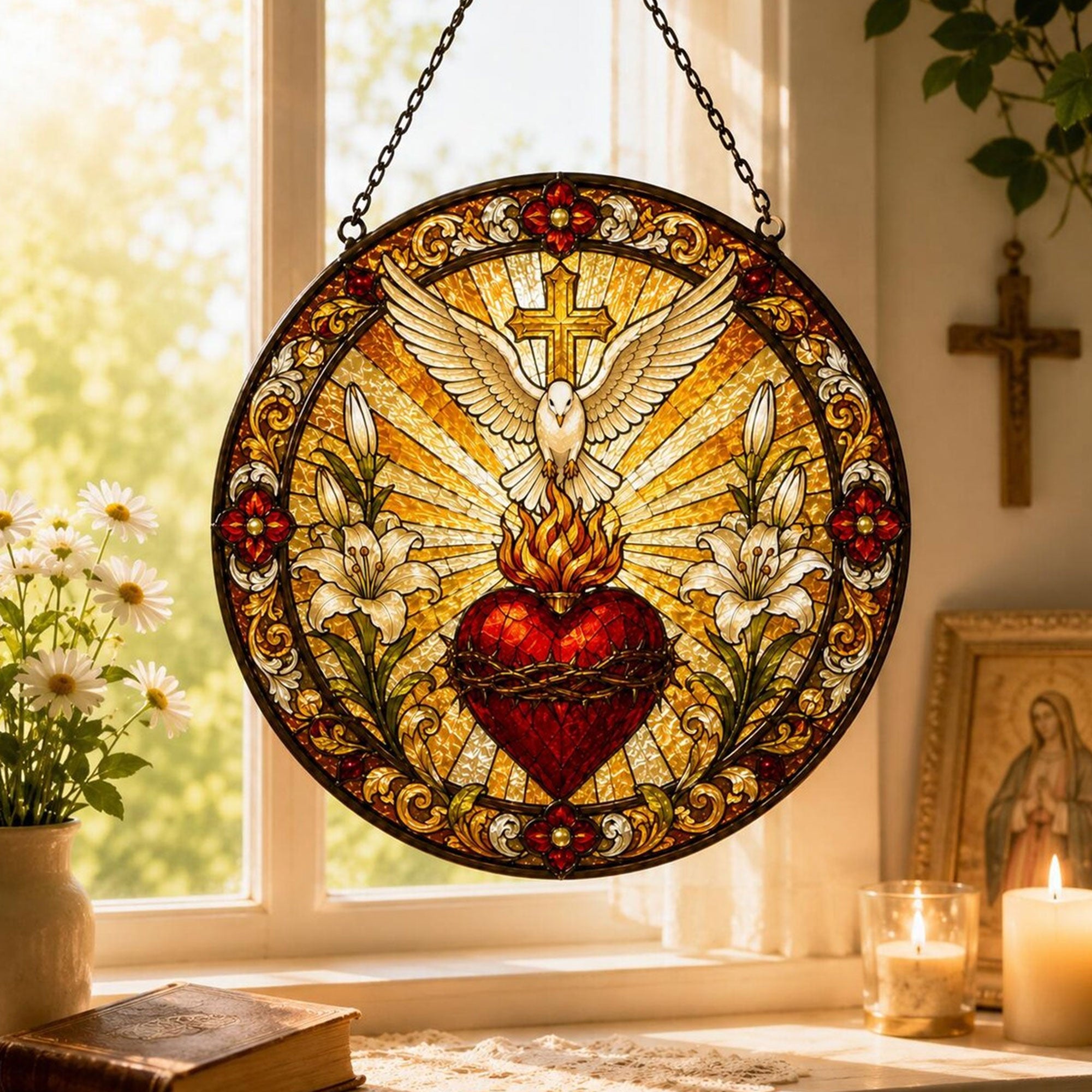Sacred Heart and Holy Spirit Dove Stained Glass Suncatcher, Catholic Window Hanging, Christian Faith Gift