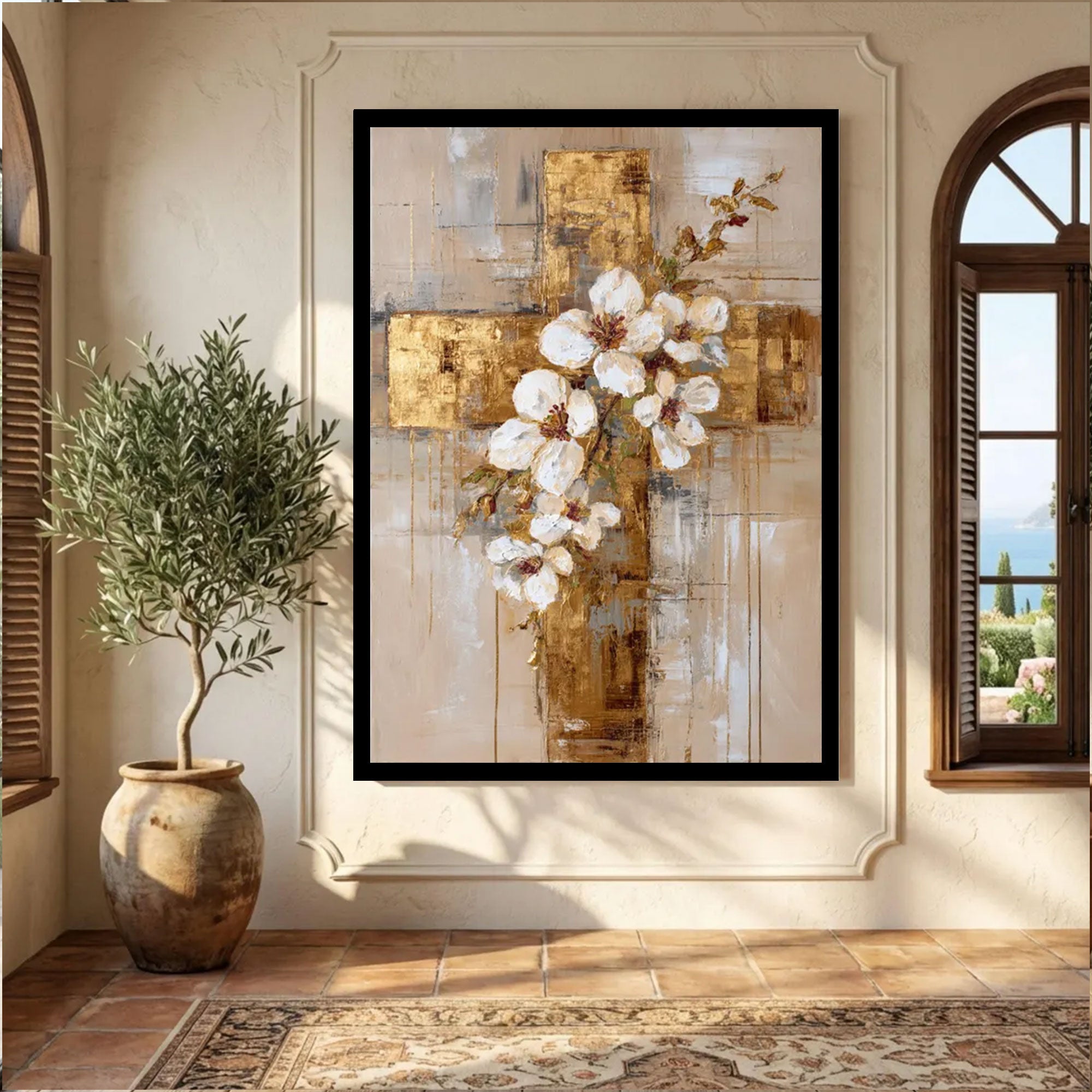 Elegant White Blossoms Canvas Print, Gold Cross Abstract Christian Wall Art, Floral Religious Decor, Modern Spiritual Home Gift
