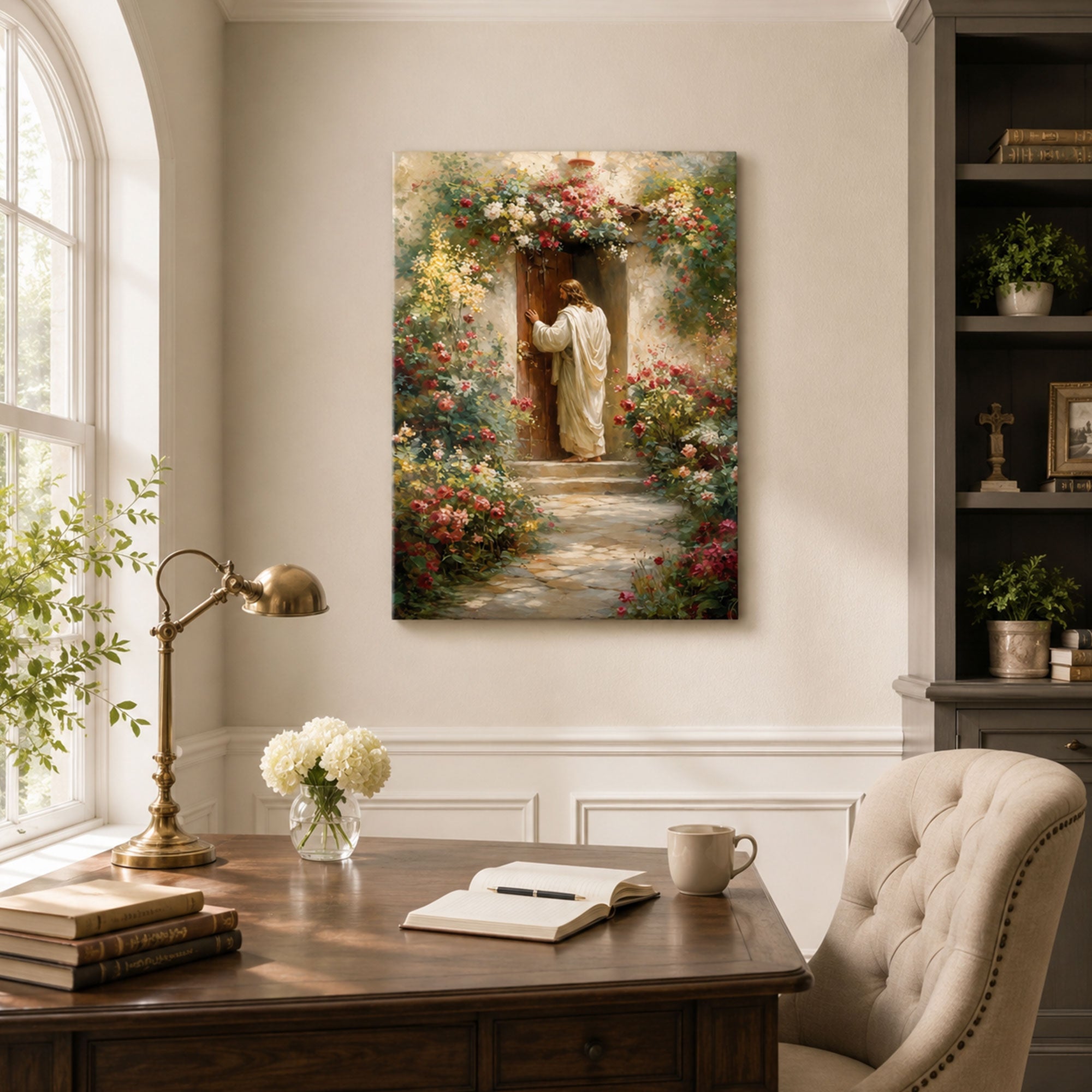 Jesus Knocking at the Garden Door Canvas Print, Christian Open Door Wall Art, Floral Faith Home Decor Gift