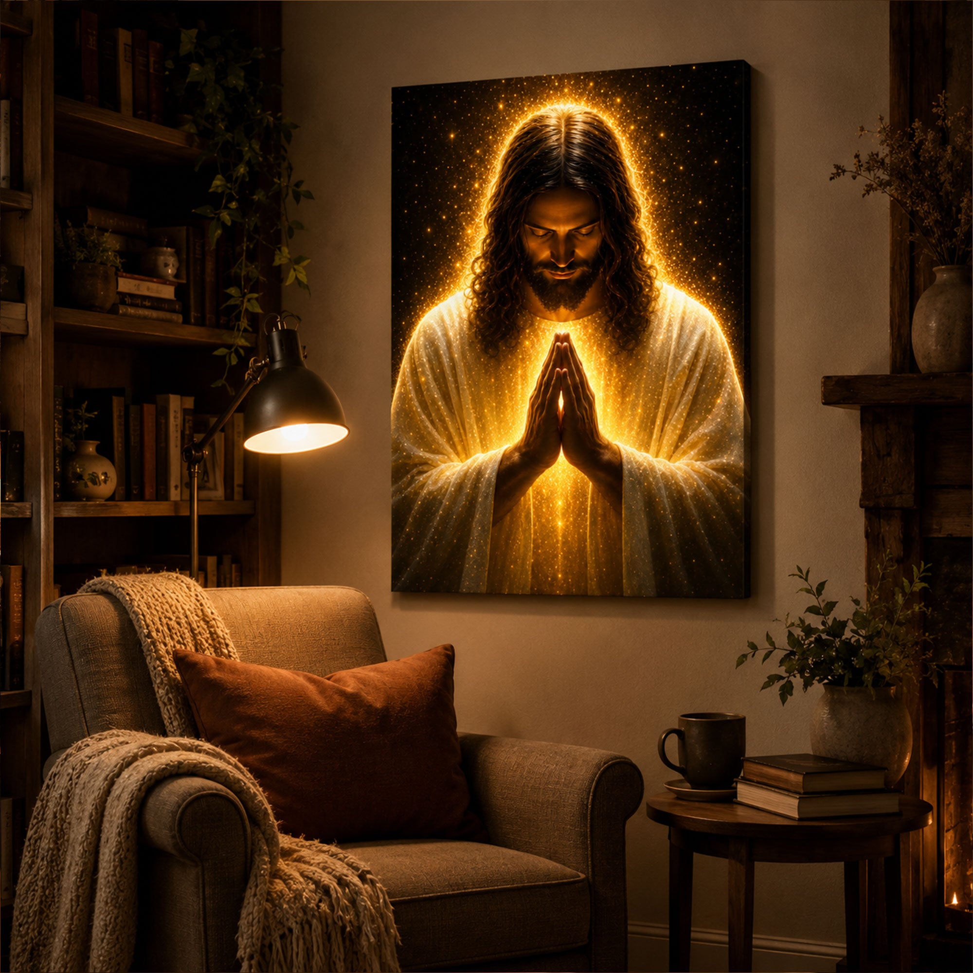 Praying Jesus Canvas Print, Golden Light Christian Wall Art, Peaceful Faith Home Decor