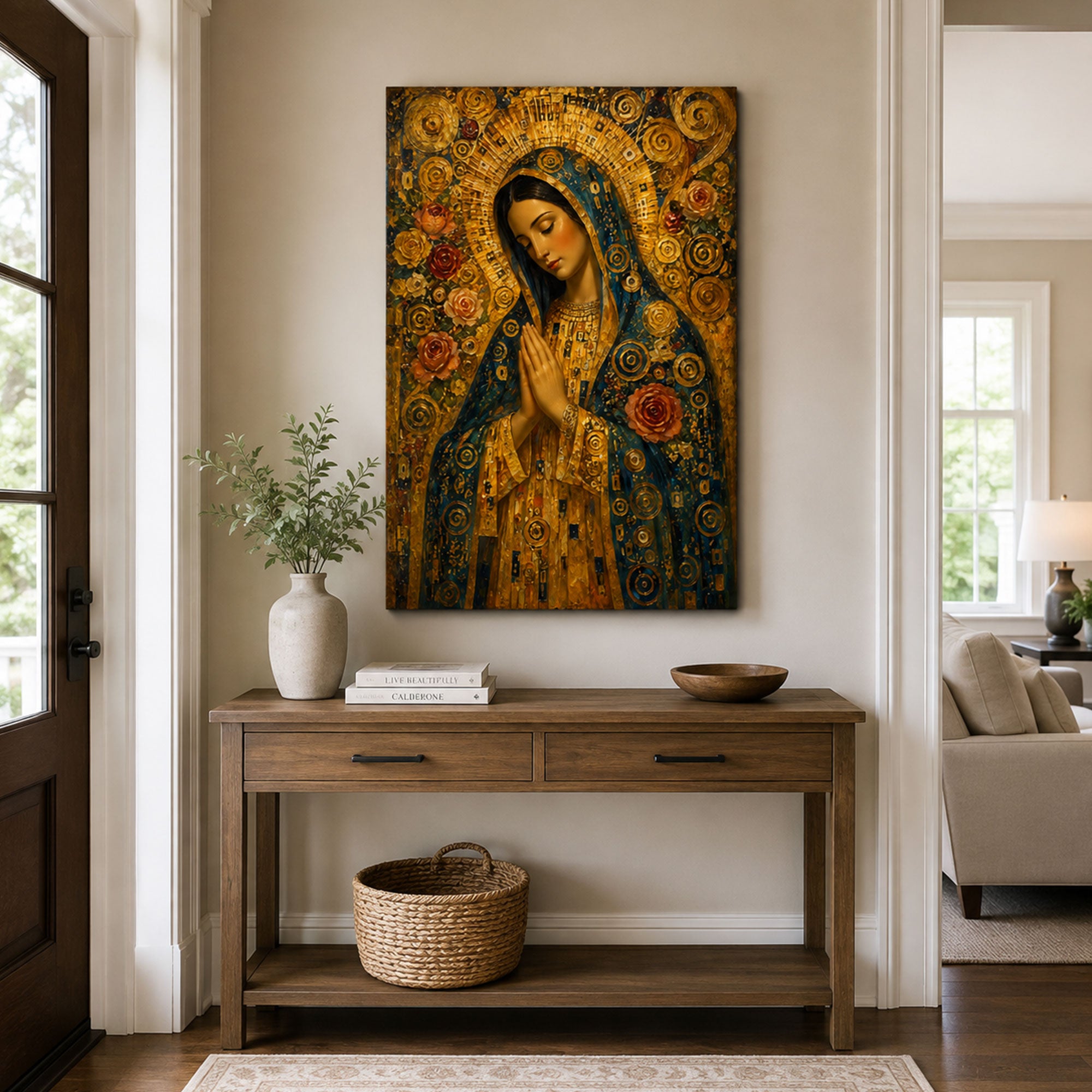 Praying Virgin Mary Canvas Print, Golden Floral Catholic Wall Decor, Marian Faith Gift
