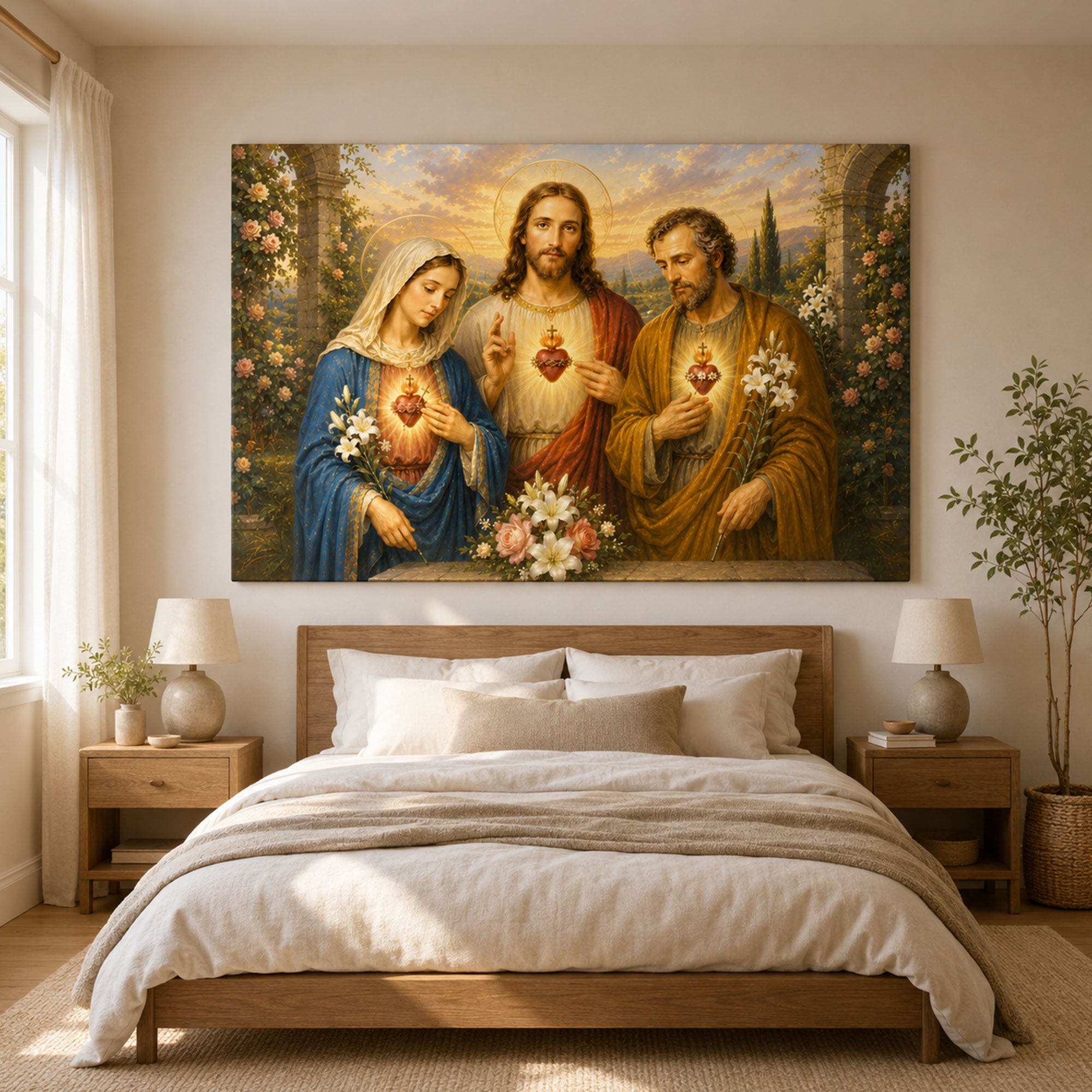 Holy Family Sacred Hearts Canvas Print, Jesus Mary and Joseph Christian Wall Art, Catholic Religious Home Decor