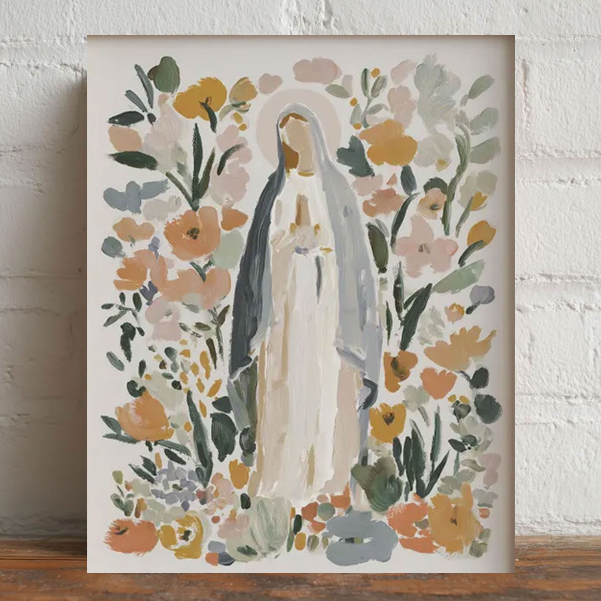 Blessed Mother of God Floral Canvas Wall Art, Virgin Mary Catholic Modern Decor, Our Lady Gift